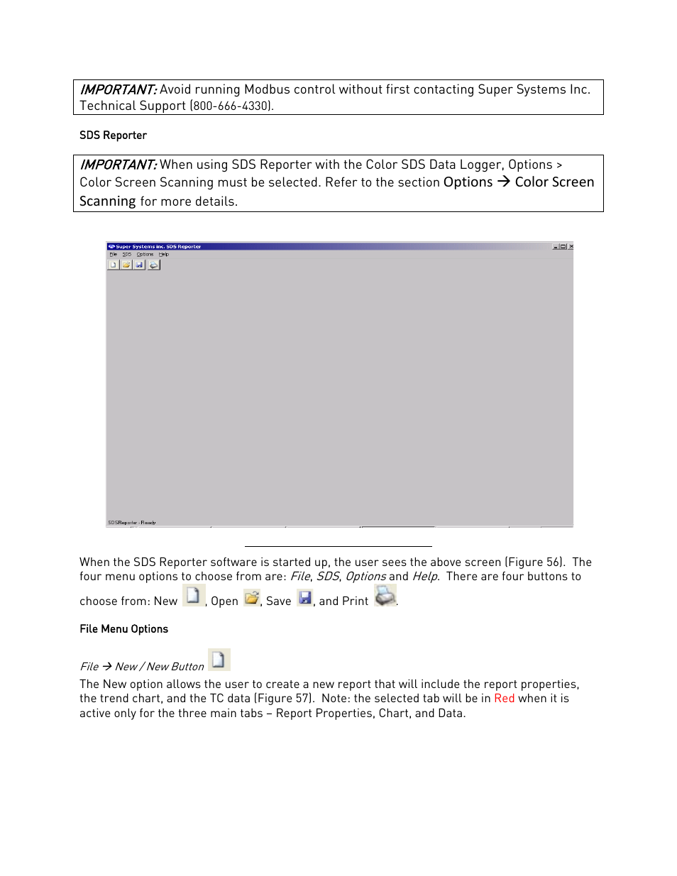 Sds reporter, File menu options, File ( new / new button | Sds reporter file menu options, File  new / new button, Options  color screen scanning | Super Systems SDS 8120 User Manual | Page 45 / 104