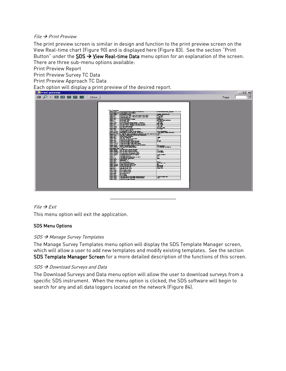 File ( print preview, File ( exit, Sds menu options | Sds ( manage survey templates, Sds ( download surveys and data, File  print preview file  exit, Sds  download surveys and data, Or figure 83 | Super Systems SDS 8120 User Manual | Page 63 / 104