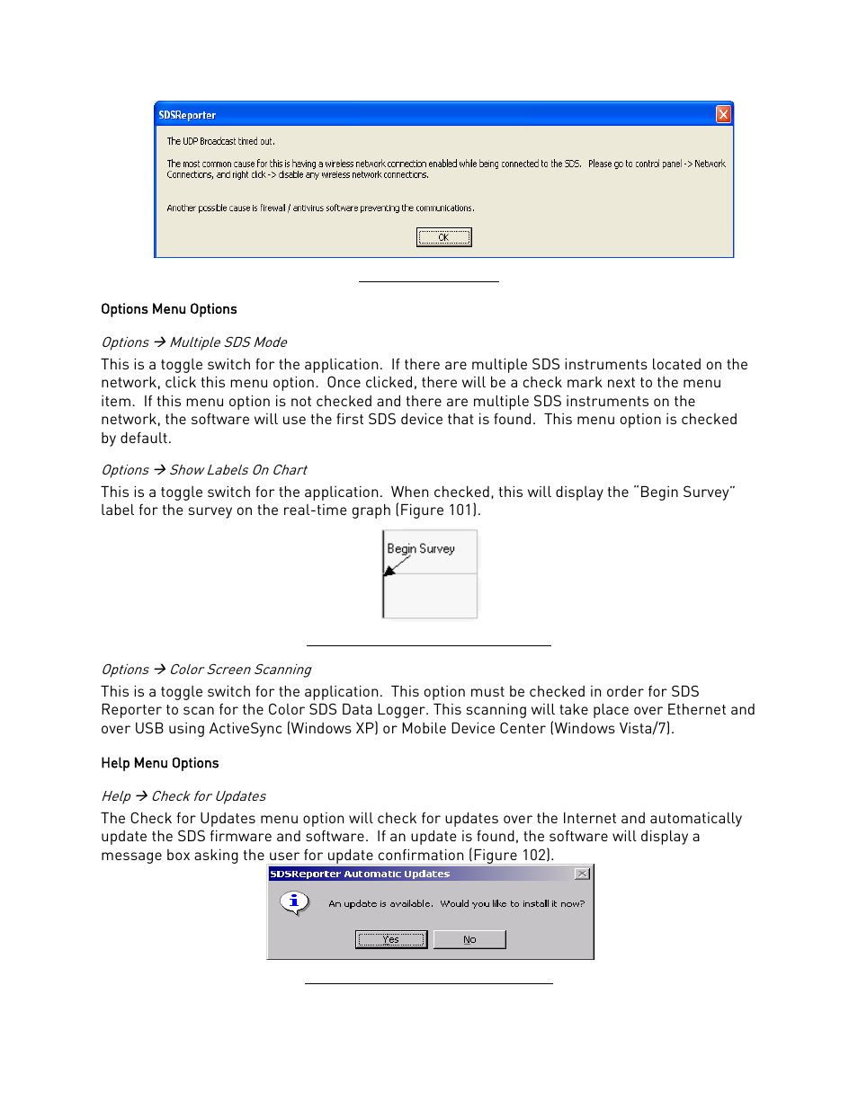 Options menu options, Options ( multiple sds mode, Options ( show labels on chart | Options ( color screen scanning, Help menu options, Help ( check for updates, Help  check for updates, Options  color screen, Scanning, Figure 100) | Super Systems SDS 8120 User Manual | Page 72 / 104