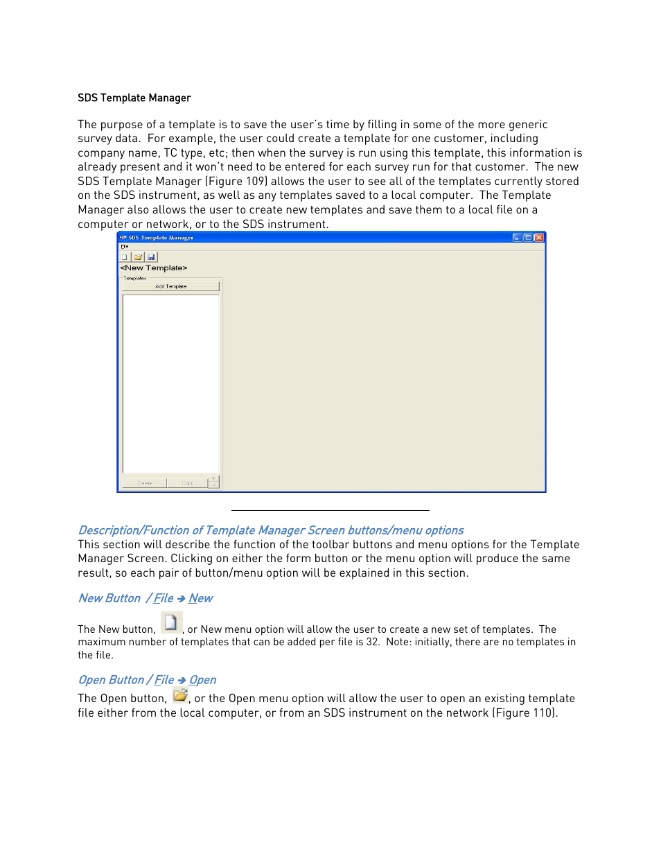 Sds template manager, New button / file ( new, Open button / file ( open | Sds template, Manager | Super Systems SDS 8120 User Manual | Page 84 / 104