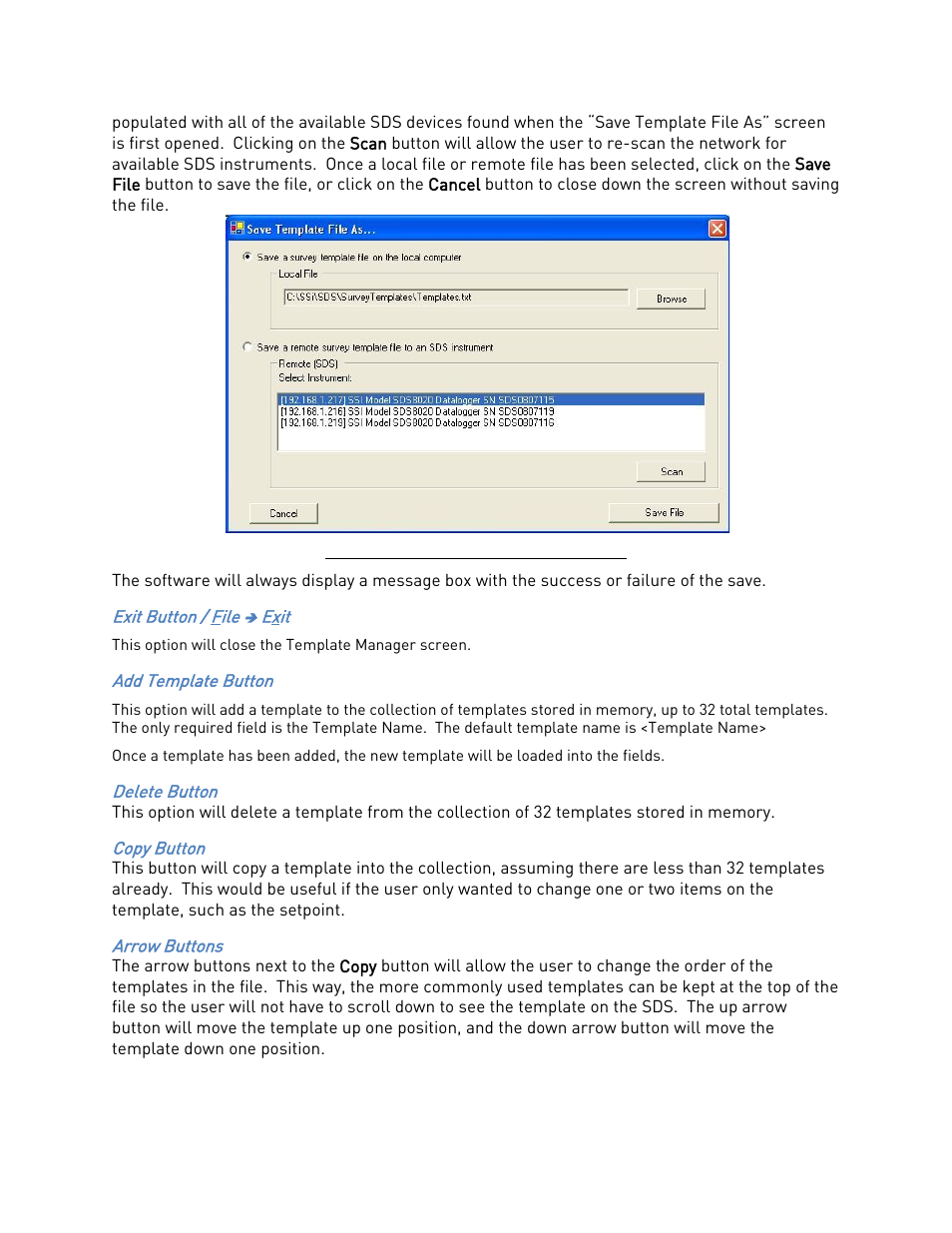 Exit button / file ( exit, Add template button, Delete button | Copy button, Arrow buttons | Super Systems SDS 8120 User Manual | Page 86 / 104