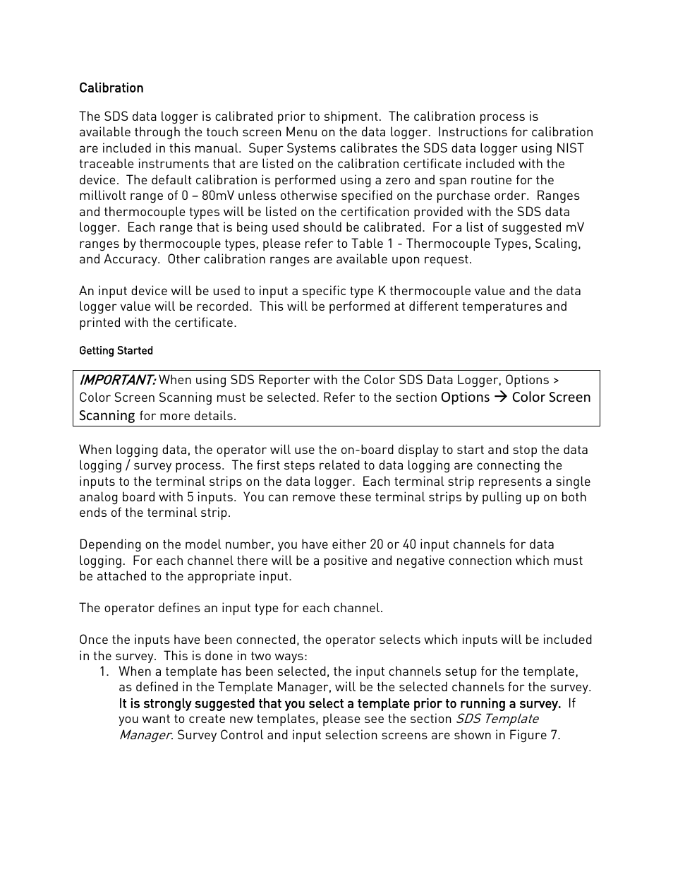 Calibration, Getting started, Calibration getting started | Super Systems SDS 8120 User Manual | Page 9 / 104