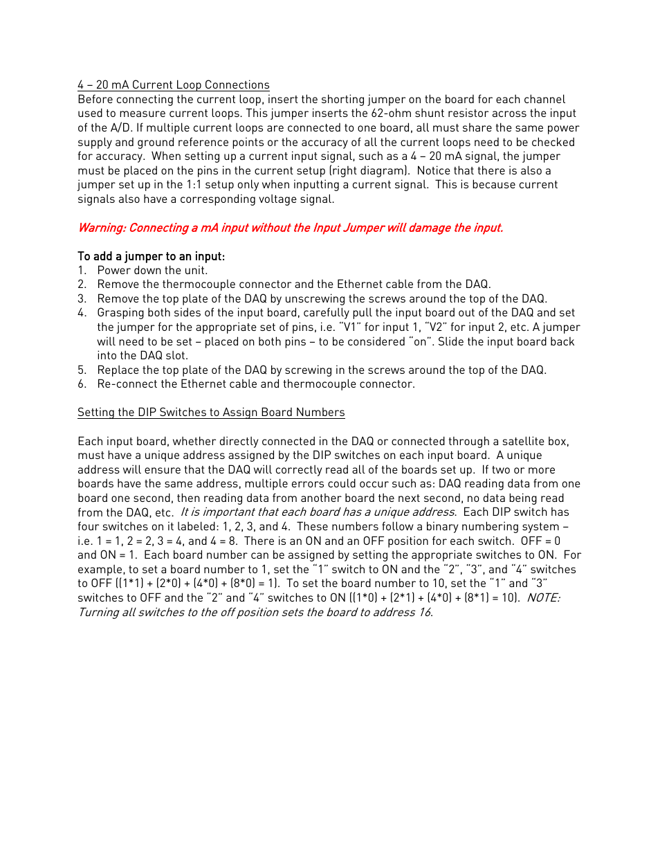 4 – 20 ma current loop connections, Setting the dip switches to assign board numbers | Super Systems DAQ User Manual | Page 14 / 34