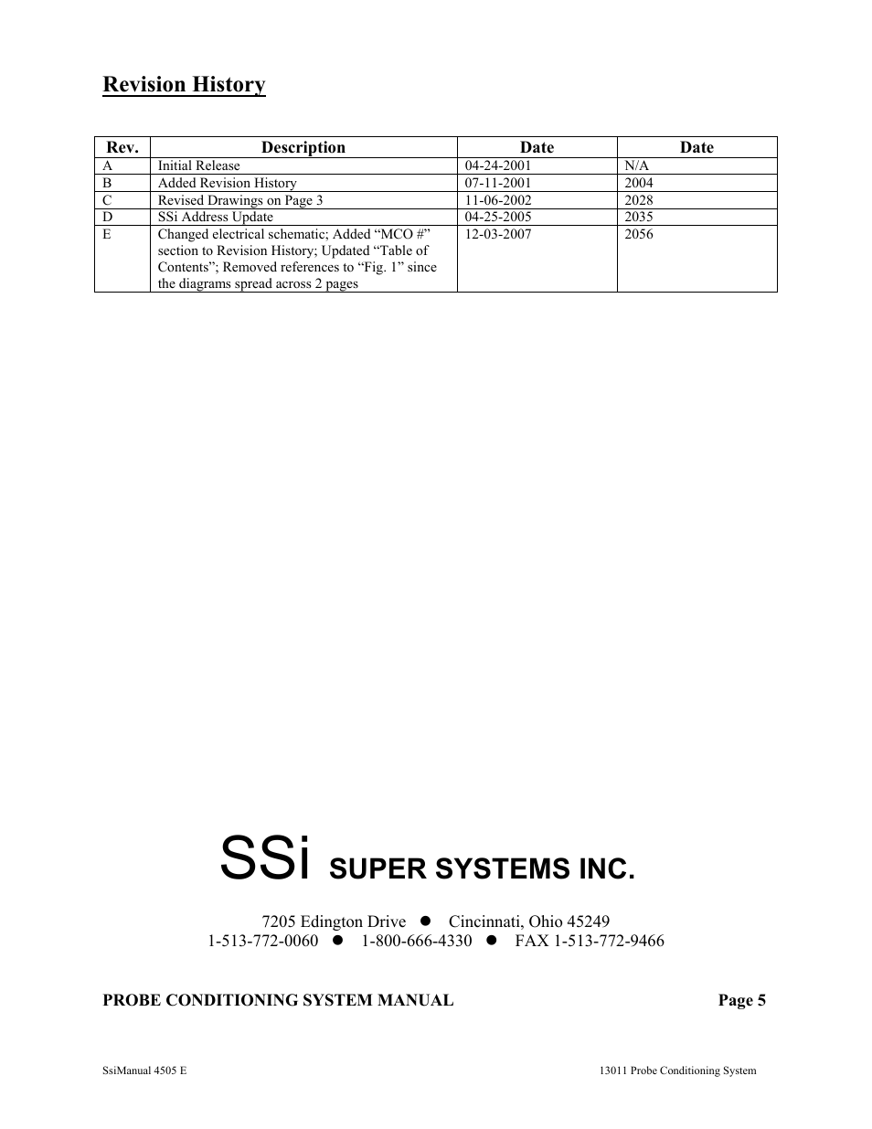 Super systems inc, Revision history | Super Systems 13011 User Manual | Page 6 / 6