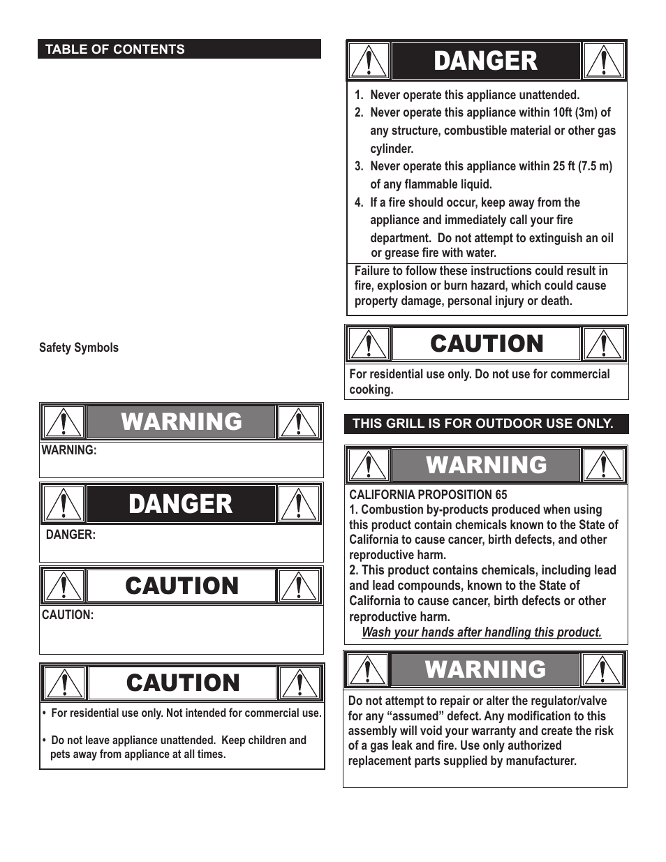 Danger, Warning, Caution | Caution warning | Char-Broil 461111811 User Manual | Page 2 / 12
