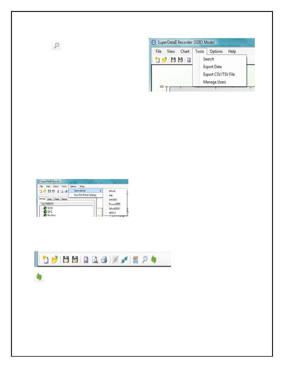 Tools menu, Options menu, Tools menu options menu toolbar | Super Systems SD Recorder II User Manual | Page 10 / 50