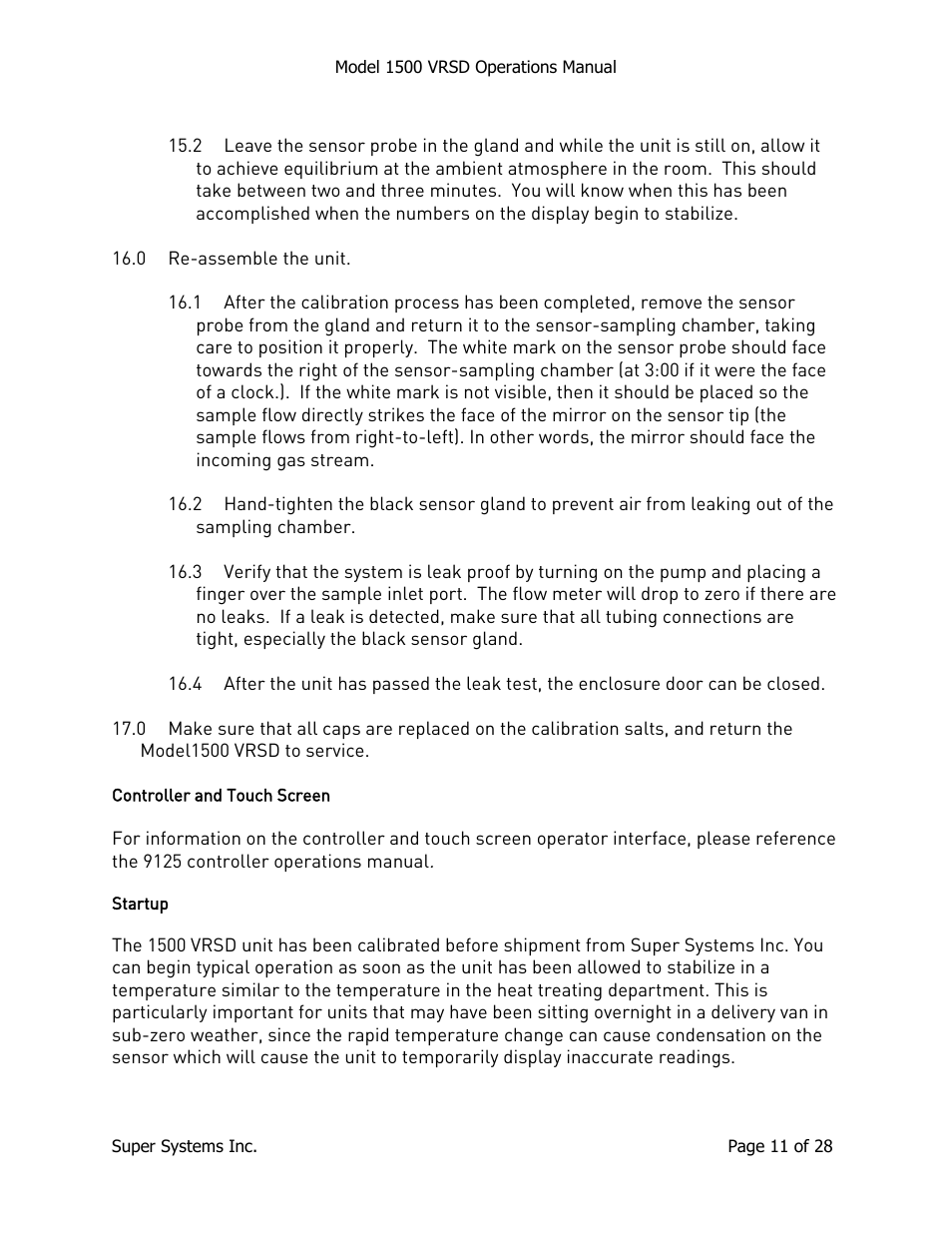 Controller and touch screen, Startup | Super Systems 1500 VRSD User Manual | Page 11 / 28