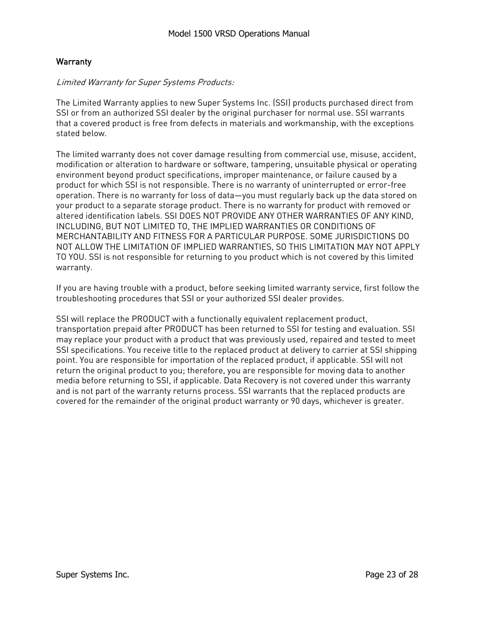 Warranty | Super Systems 1500 VRSD User Manual | Page 23 / 28