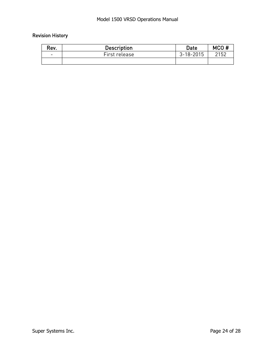 Revision history | Super Systems 1500 VRSD User Manual | Page 24 / 28
