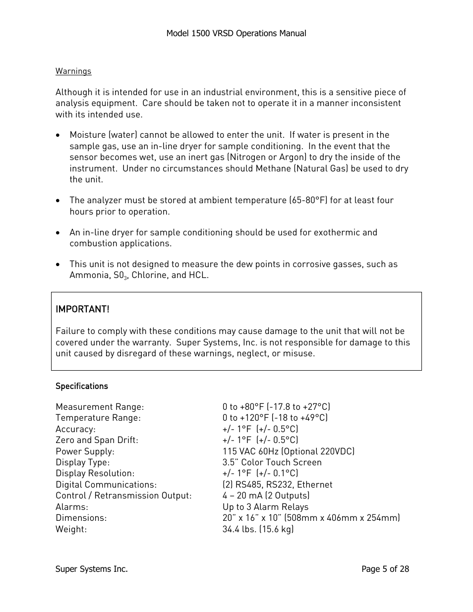 Warnings, Specifications | Super Systems 1500 VRSD User Manual | Page 5 / 28