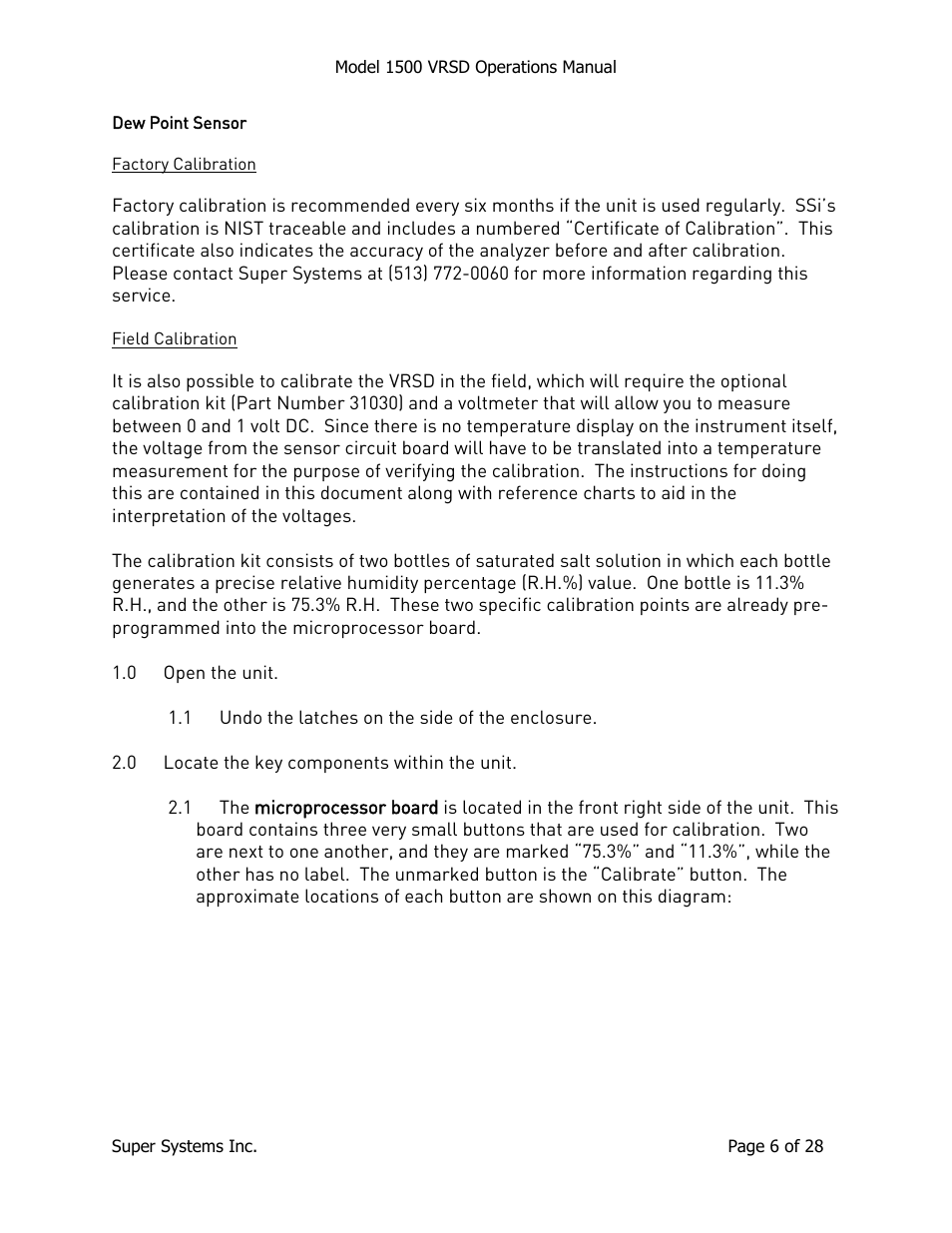 Dew point sensor, Factory calibration, Field calibration | Factory calibration field calibration | Super Systems 1500 VRSD User Manual | Page 6 / 28