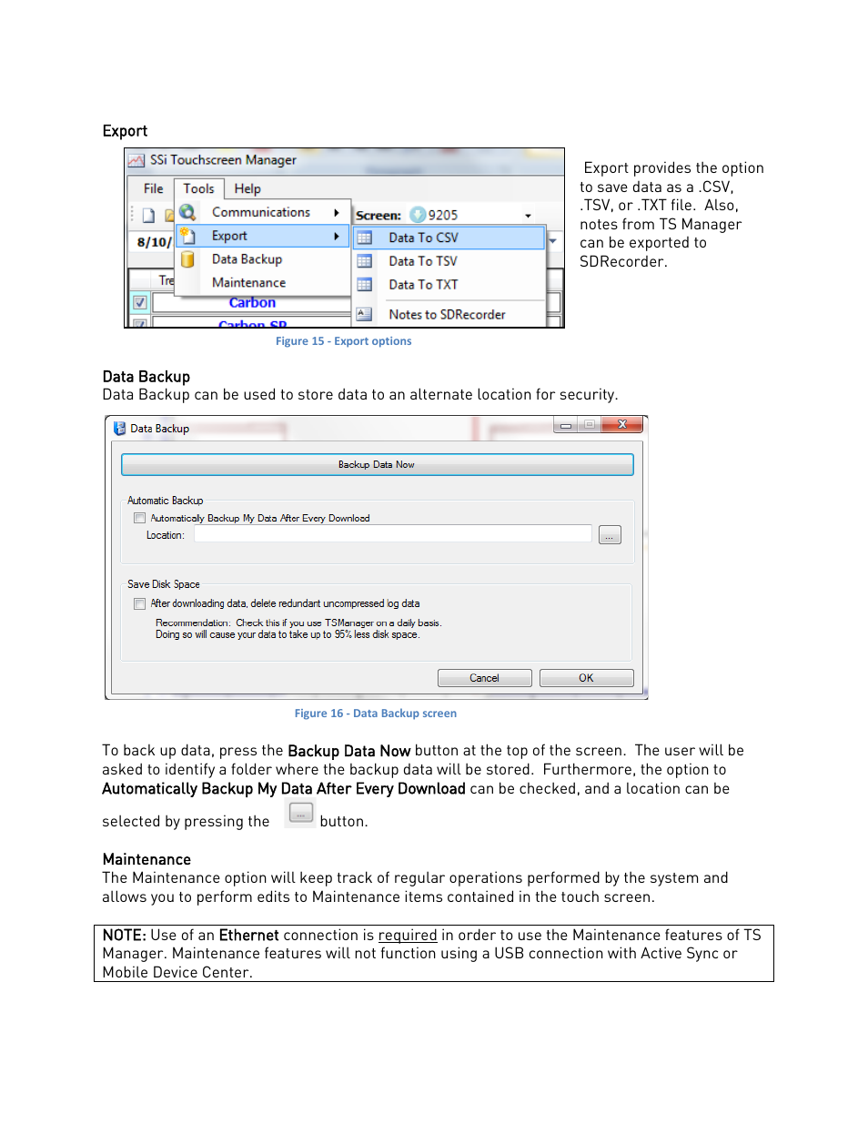 Export, Data backup, Maintenance | Export data backup maintenance | Super Systems TS Manager User Manual | Page 10 / 22