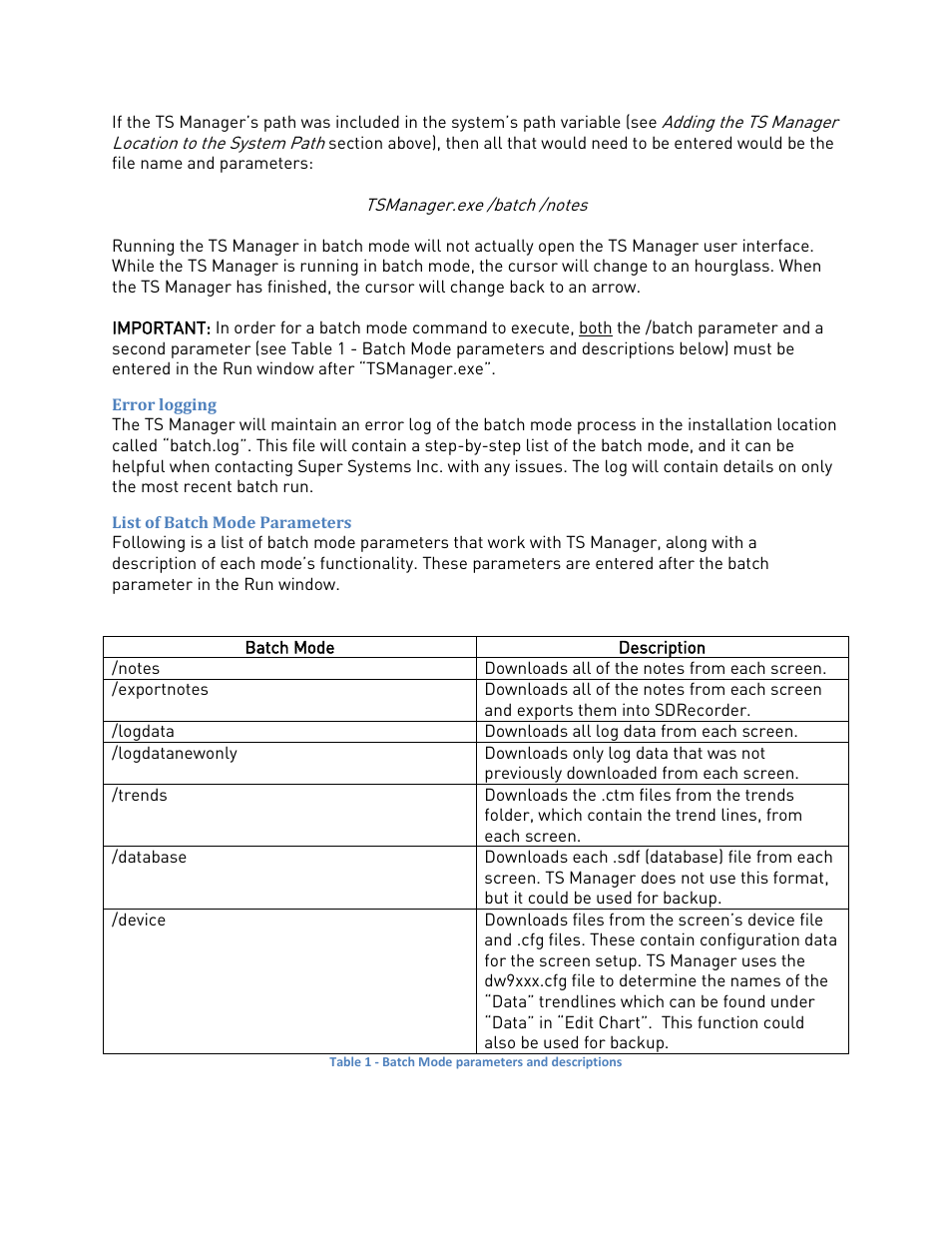 Error logging, List of batch mode parameters, Error logging list of batch mode parameters | Super Systems TS Manager User Manual | Page 21 / 22