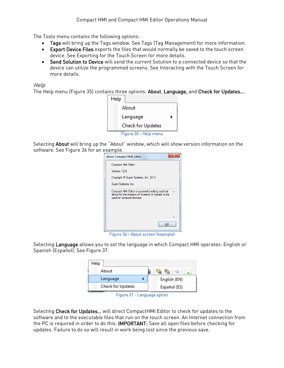 Help | Super Systems Compact HMI User Manual | Page 37 / 60