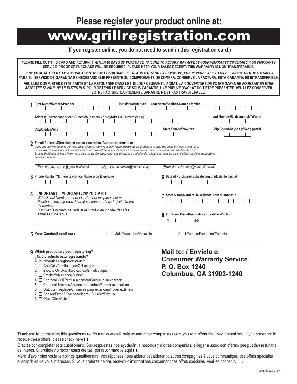 Please register your product online at | Char-Broil 463460708 User Manual | Page 27 / 28