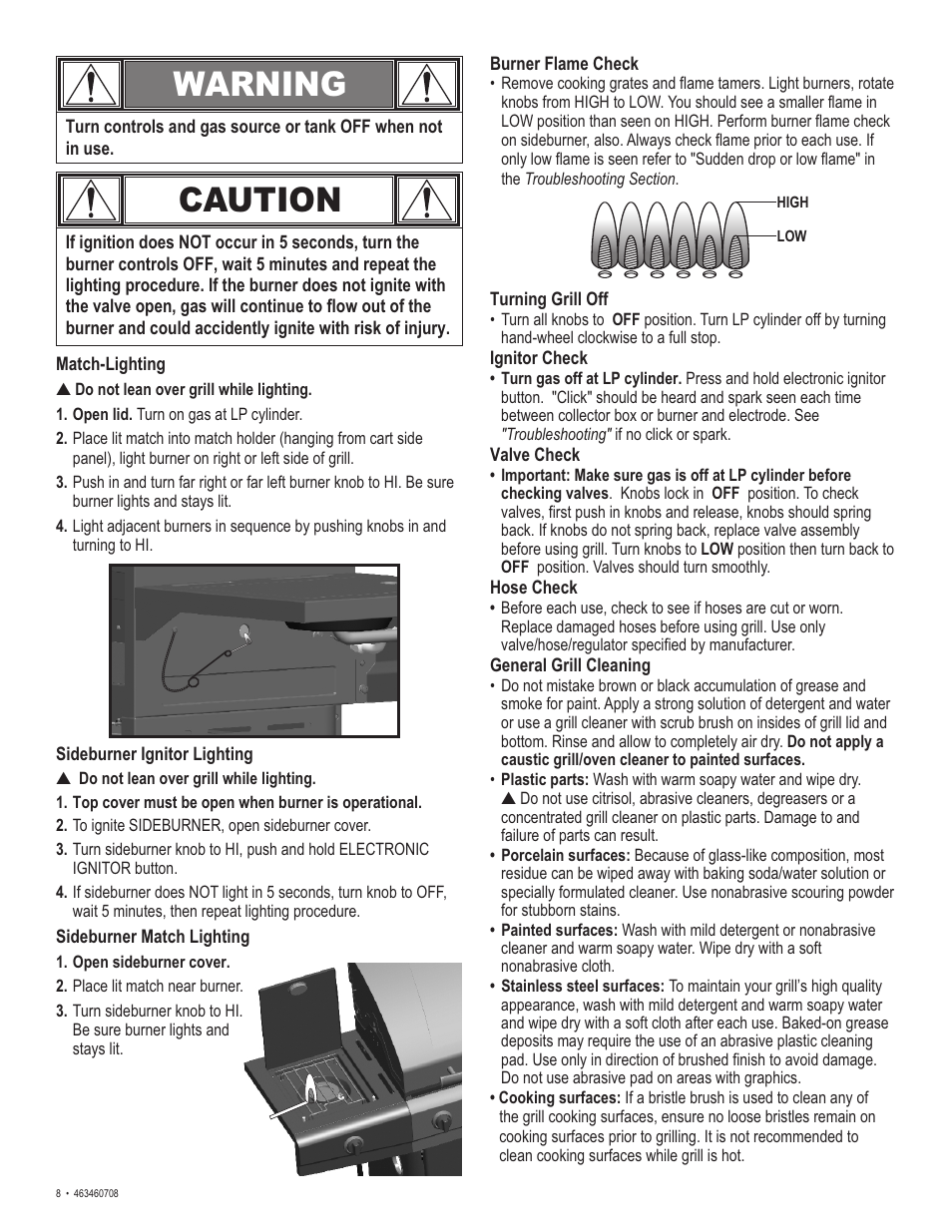 Caution, Warning | Char-Broil 463460708 User Manual | Page 8 / 28