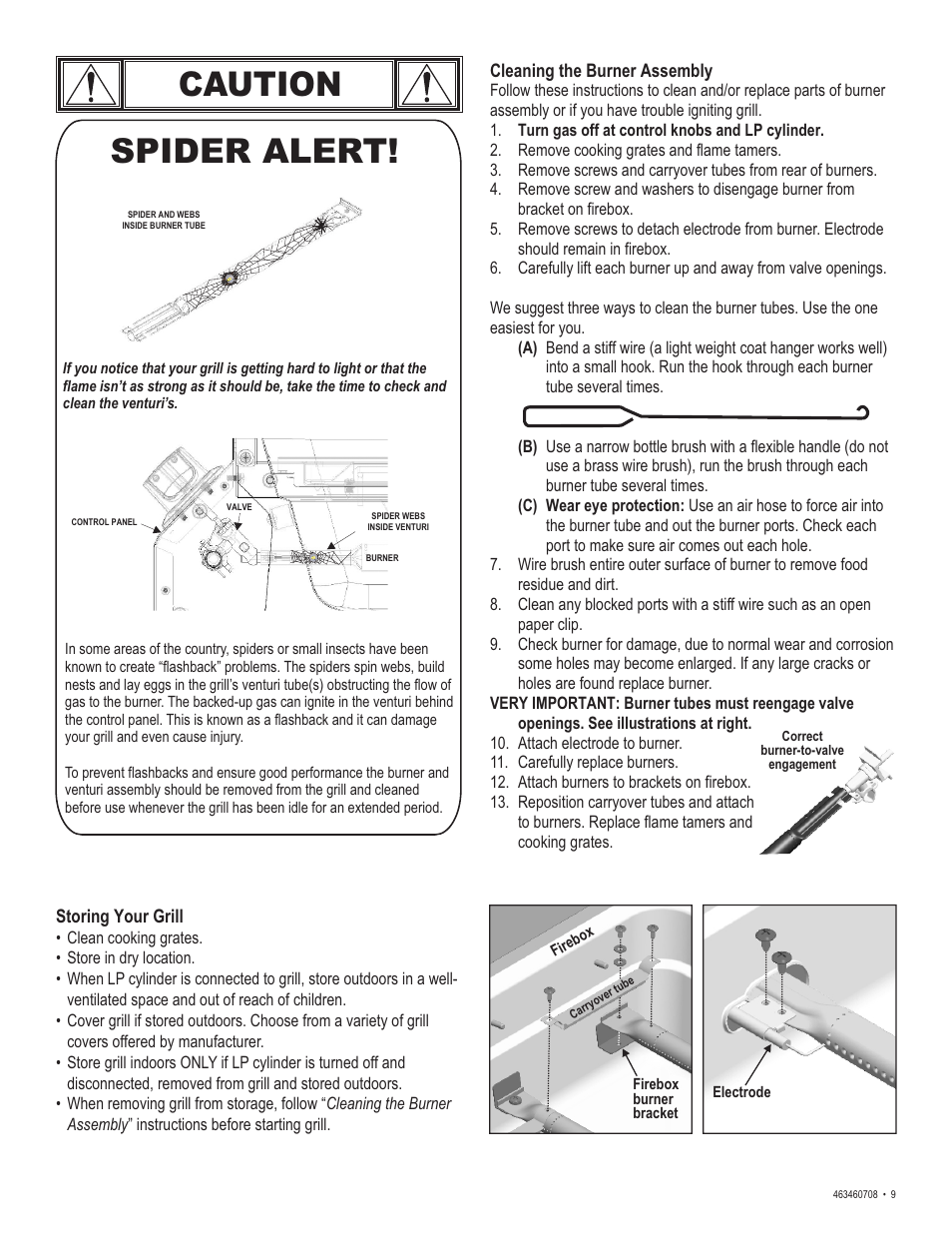 Caution, Spider alert | Char-Broil 463460708 User Manual | Page 9 / 28