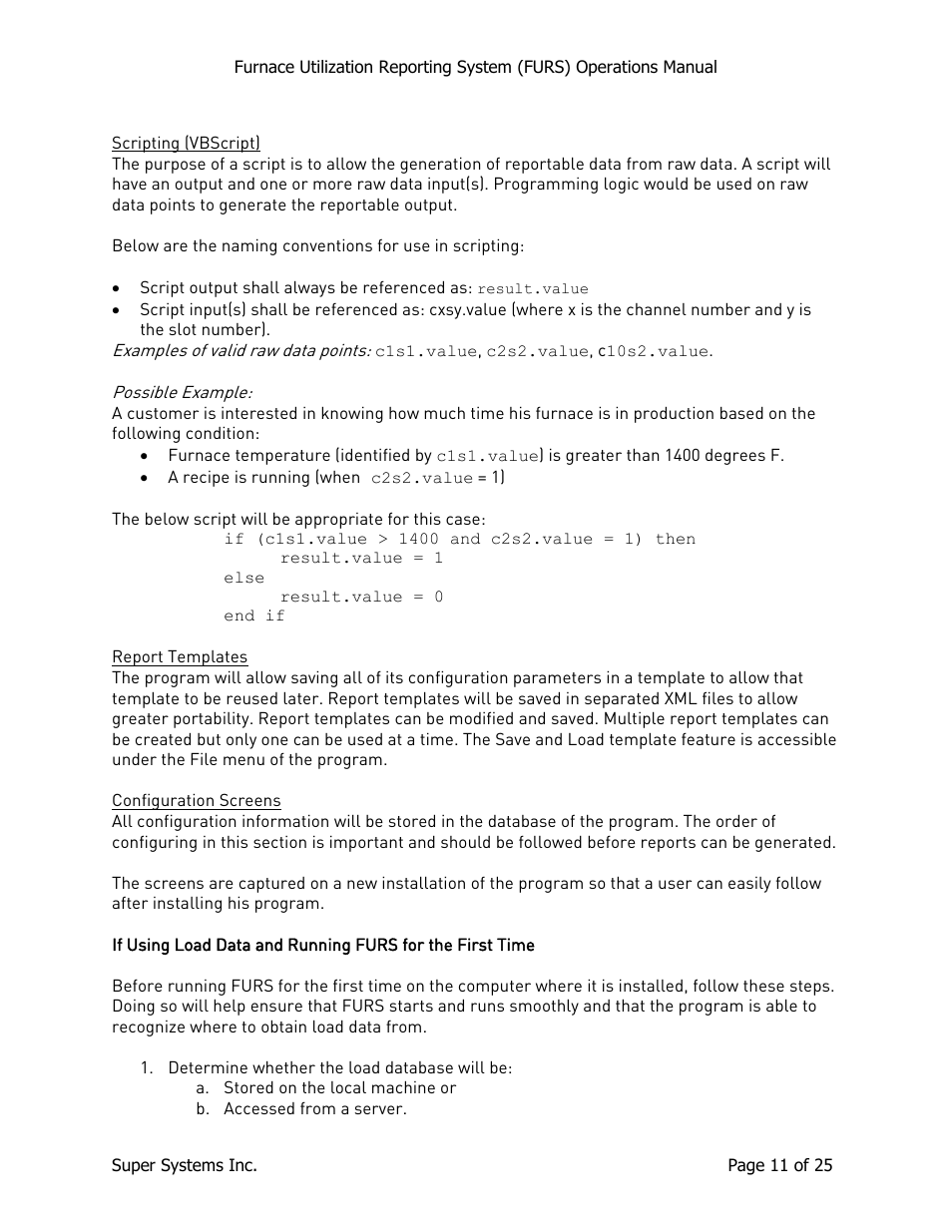 Scripting (vbscript), Report templates, Configuration screens | Super Systems FURS User Manual | Page 11 / 25