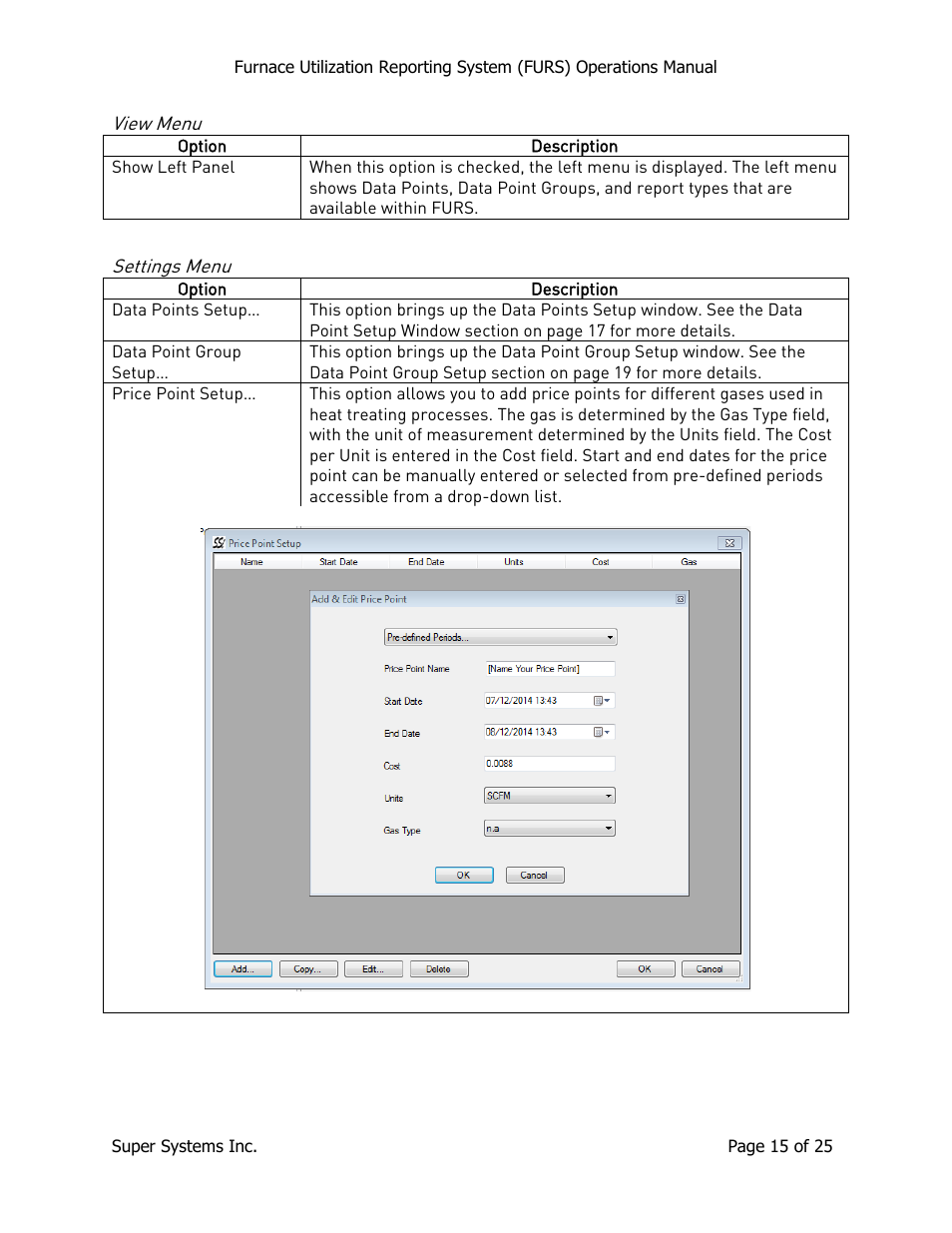 View menu, Settings menu, View menu settings menu | Super Systems FURS User Manual | Page 15 / 25