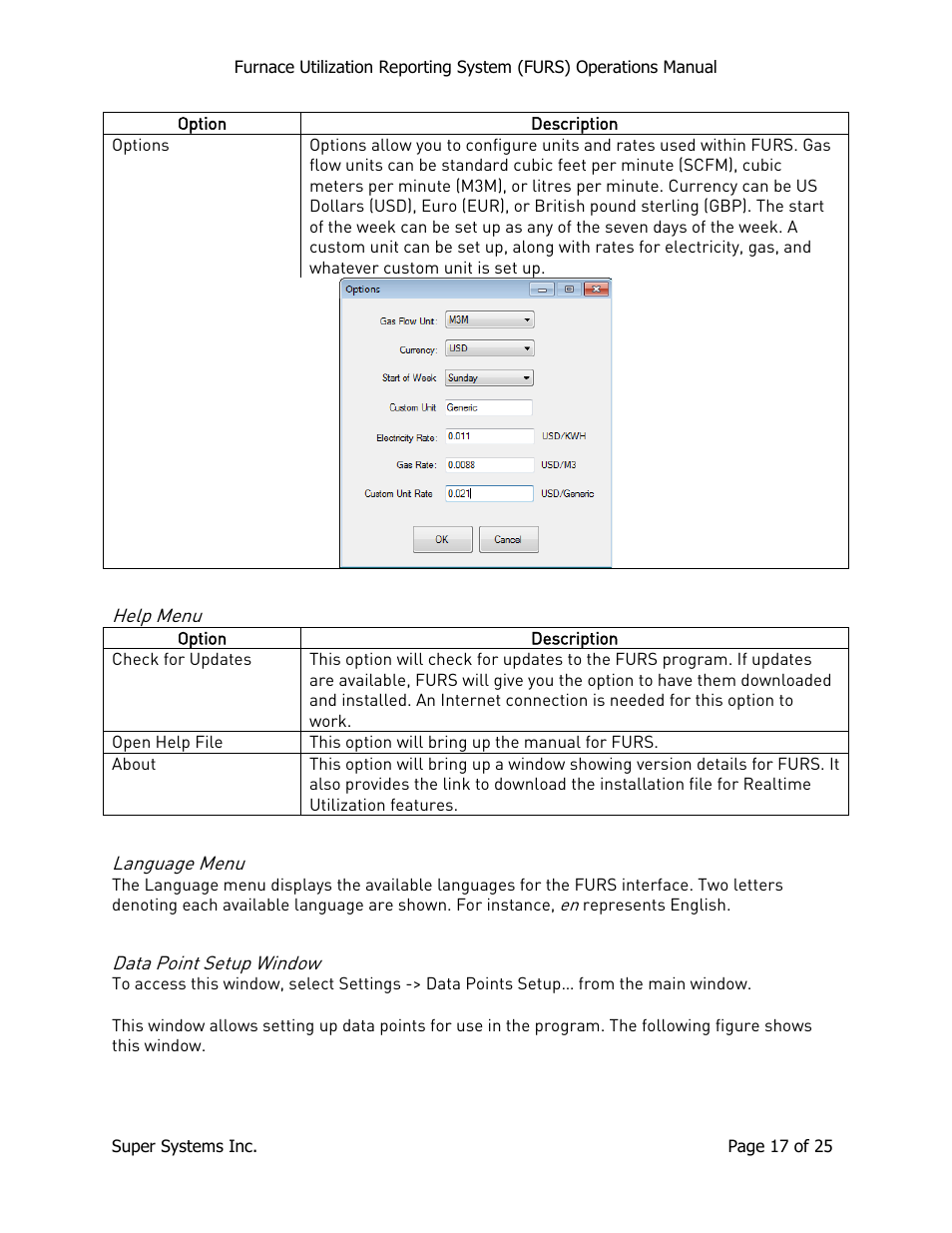 Help menu, Language menu, Data point setup window | Help menu language menu data point setup window, E data, Point setup window, E 17 | Super Systems FURS User Manual | Page 17 / 25