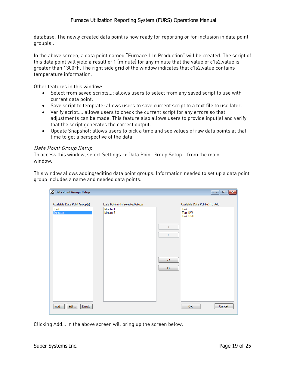 Data point group setup, E 19 | Super Systems FURS User Manual | Page 19 / 25