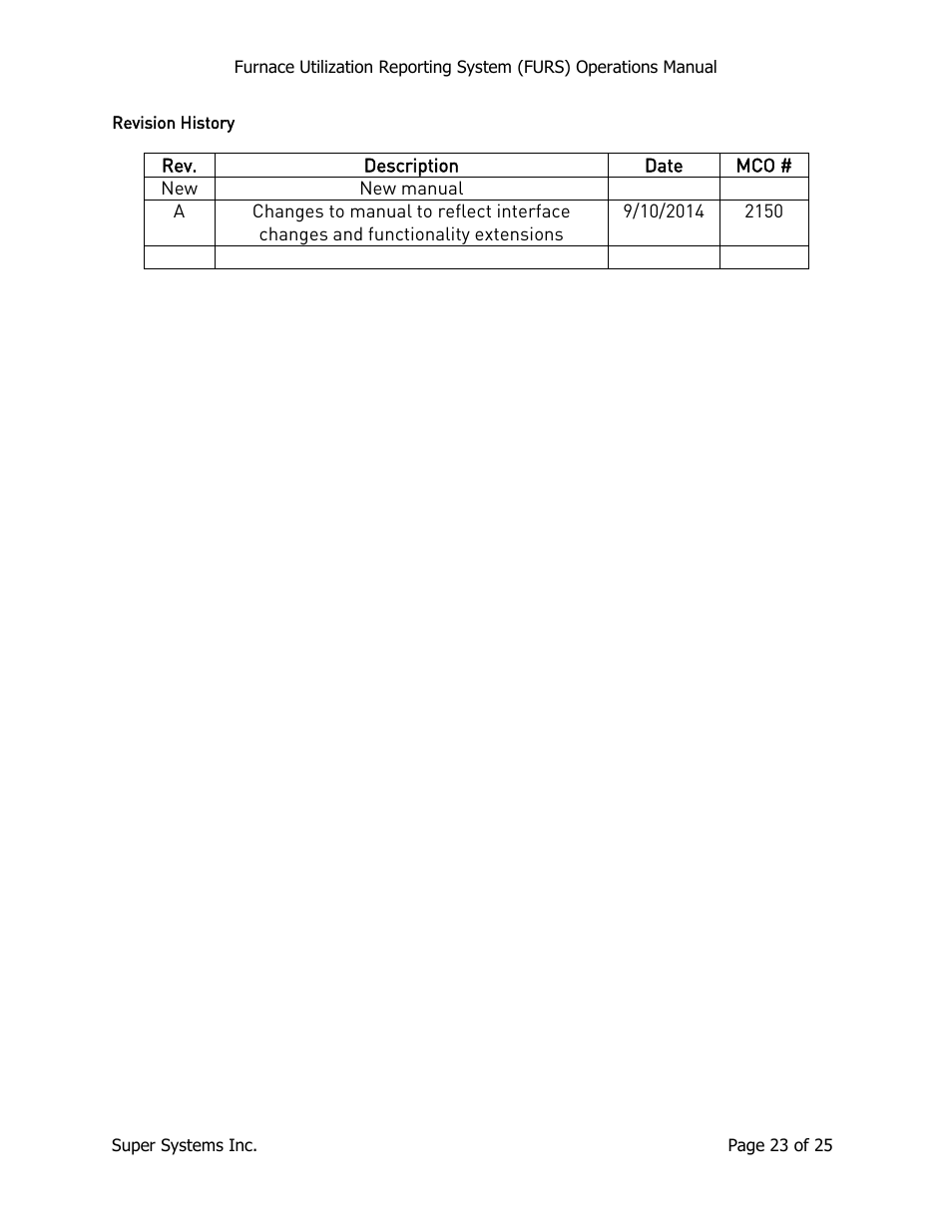 Revision history | Super Systems FURS User Manual | Page 23 / 25