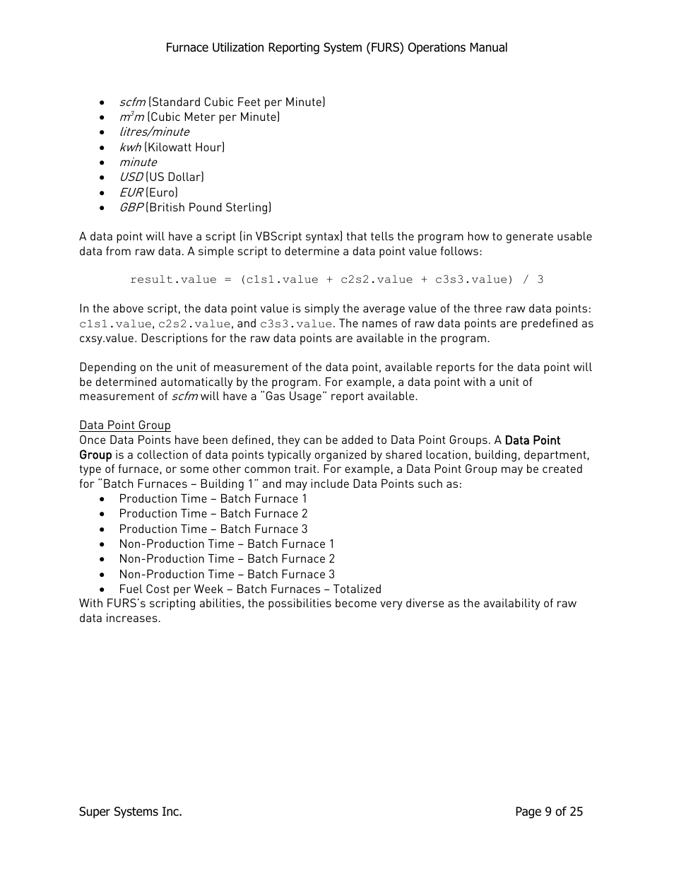 Data point group | Super Systems FURS User Manual | Page 9 / 25