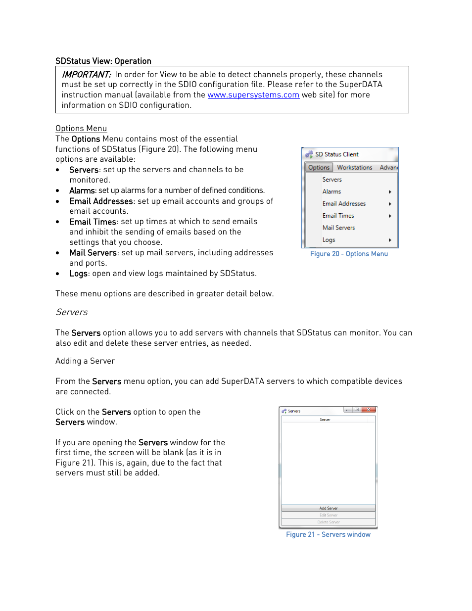 Sdstatus view: operation, Options menu, Servers | Adding a server, N below | Super Systems SDStatus User Manual | Page 15 / 83