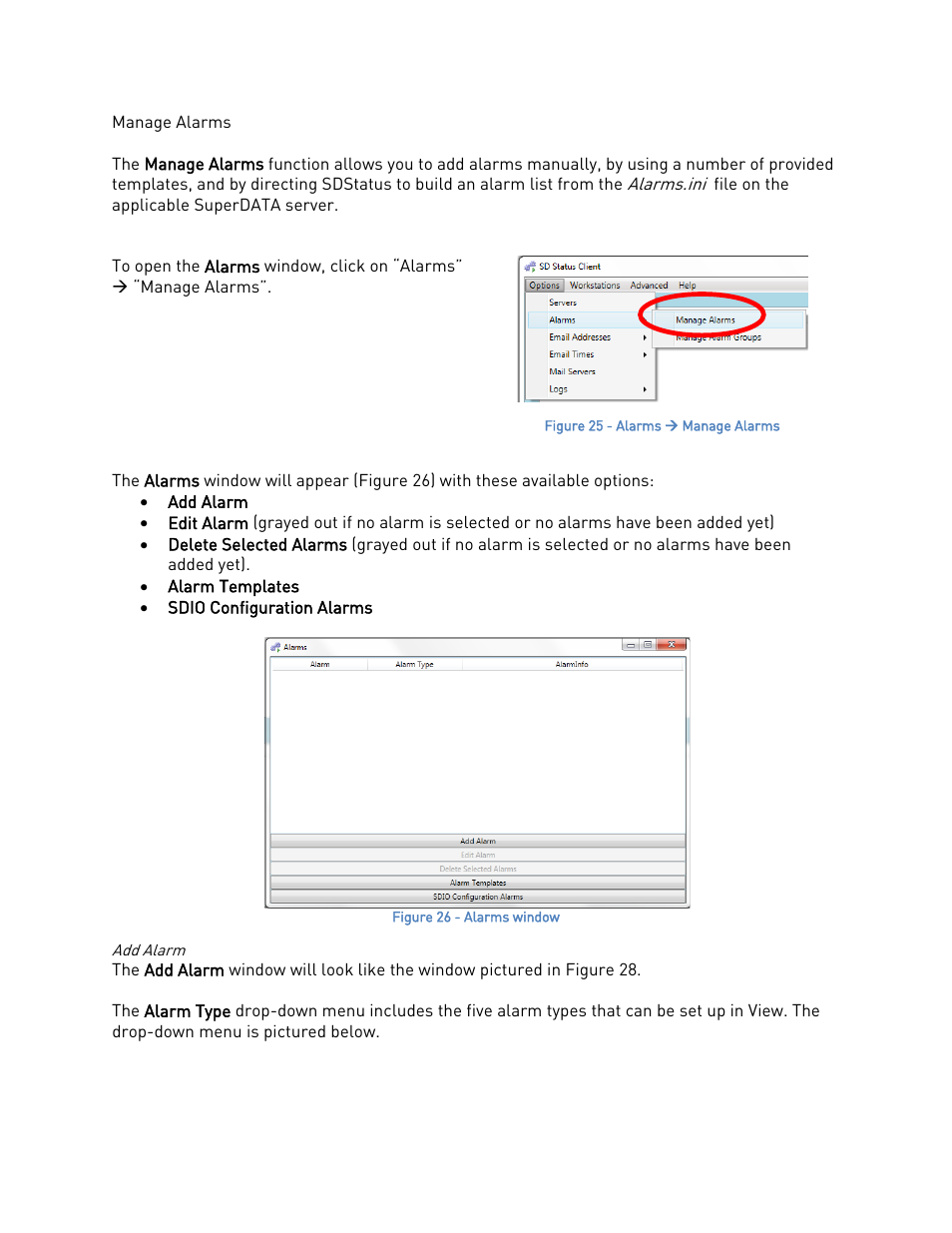 Manage alarms, Add alarm | Super Systems SDStatus User Manual | Page 19 / 83