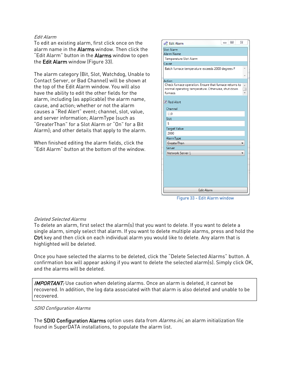 Edit alarm, Deleted selected alarms, Sdio configuration alarms | Super Systems SDStatus User Manual | Page 25 / 83