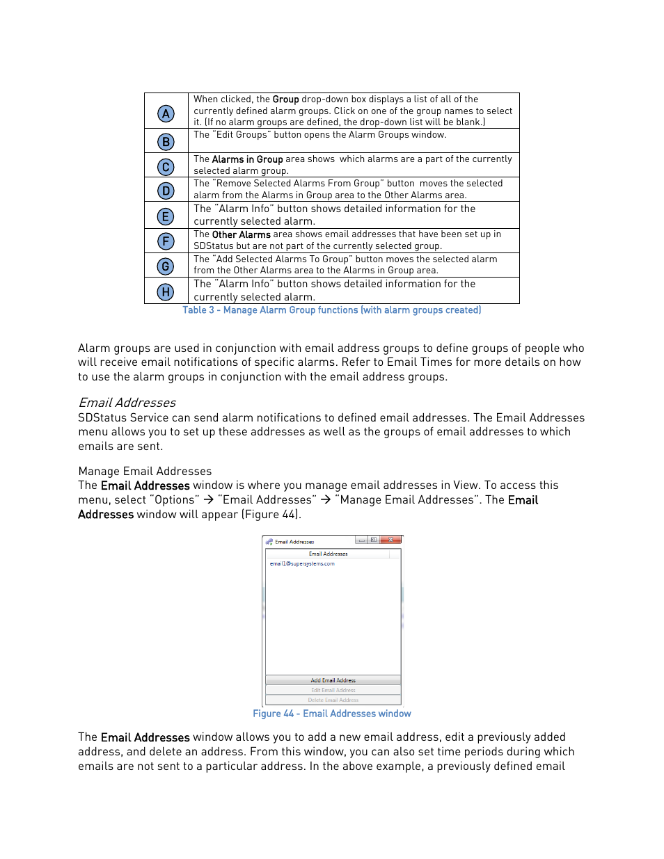 Email addresses, Manage email addresses, Email addresses, a | Super Systems SDStatus User Manual | Page 32 / 83