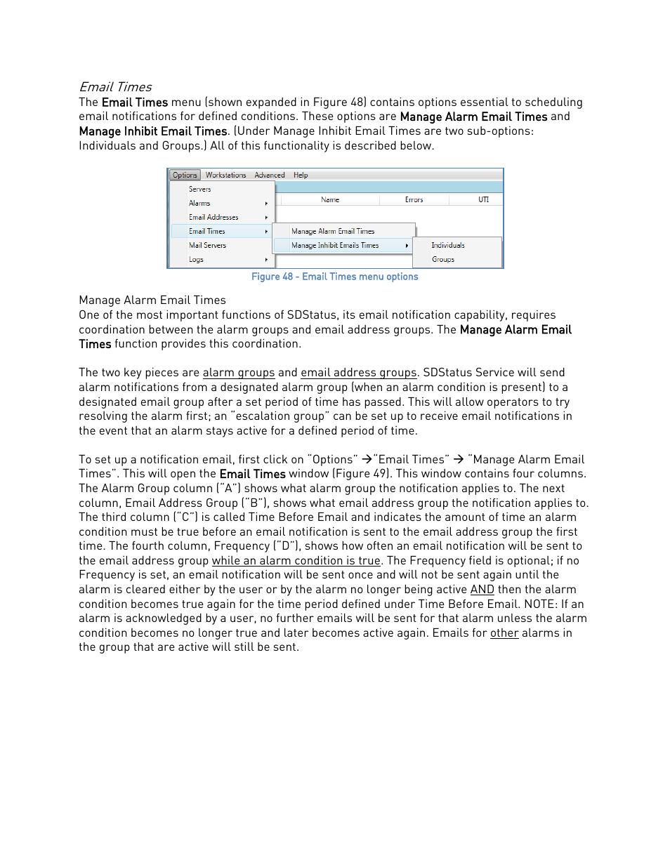 Email times, Manage alarm email times | Super Systems SDStatus User Manual | Page 35 / 83