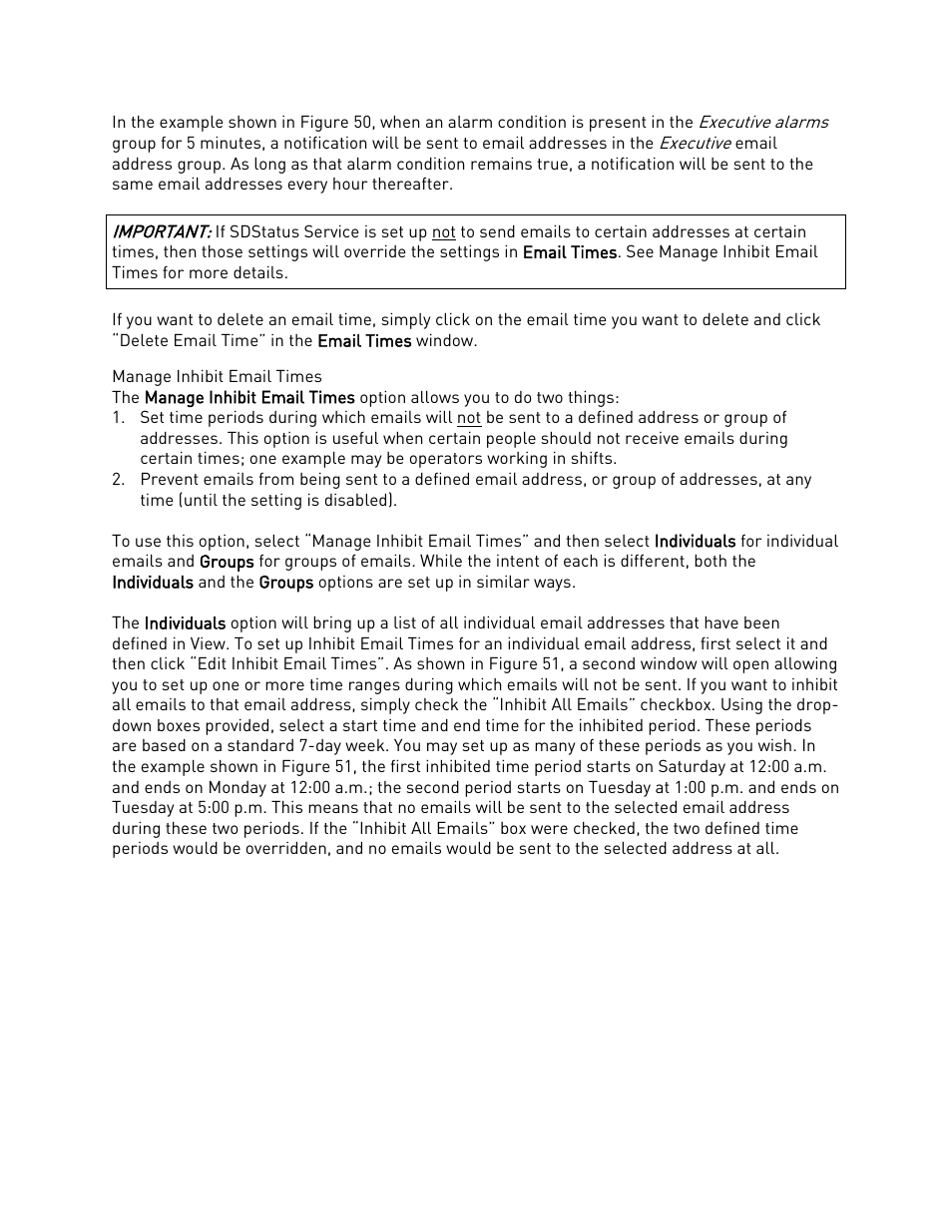 Manage inhibit email times | Super Systems SDStatus User Manual | Page 37 / 83