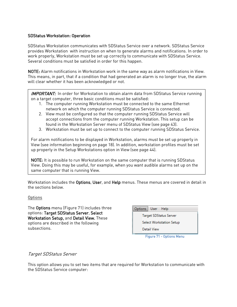 Sdstatus workstation: operation, Options, Target sdstatus server | E sdstatus workstation, Operation | Super Systems SDStatus User Manual | Page 51 / 83