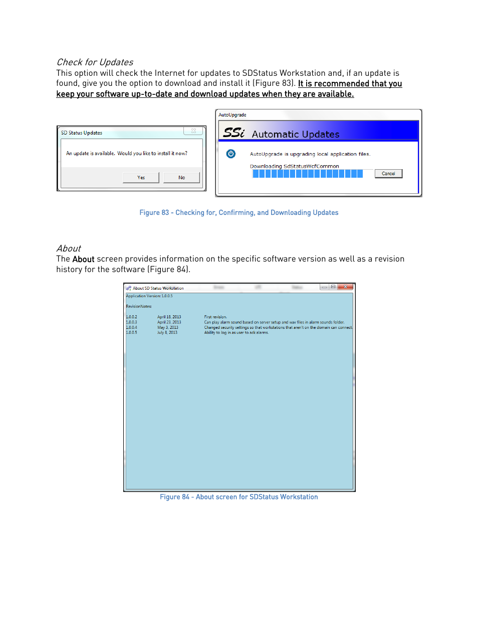 Check for updates, About, Check for updates about | Super Systems SDStatus User Manual | Page 59 / 83