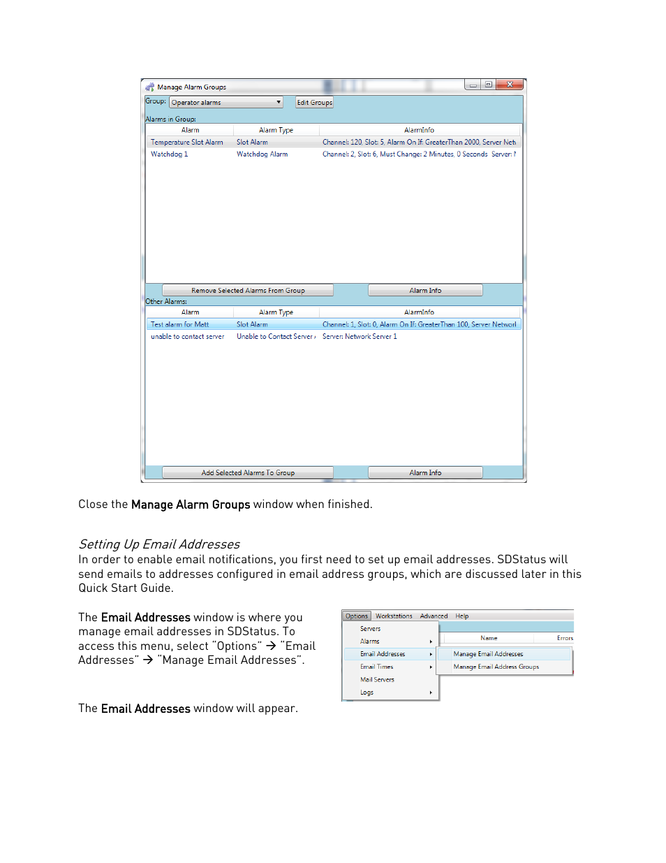 Setting up email addresses | Super Systems SDStatus User Manual | Page 66 / 83