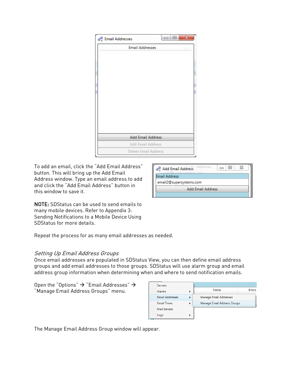 Setting up email address groups | Super Systems SDStatus User Manual | Page 67 / 83