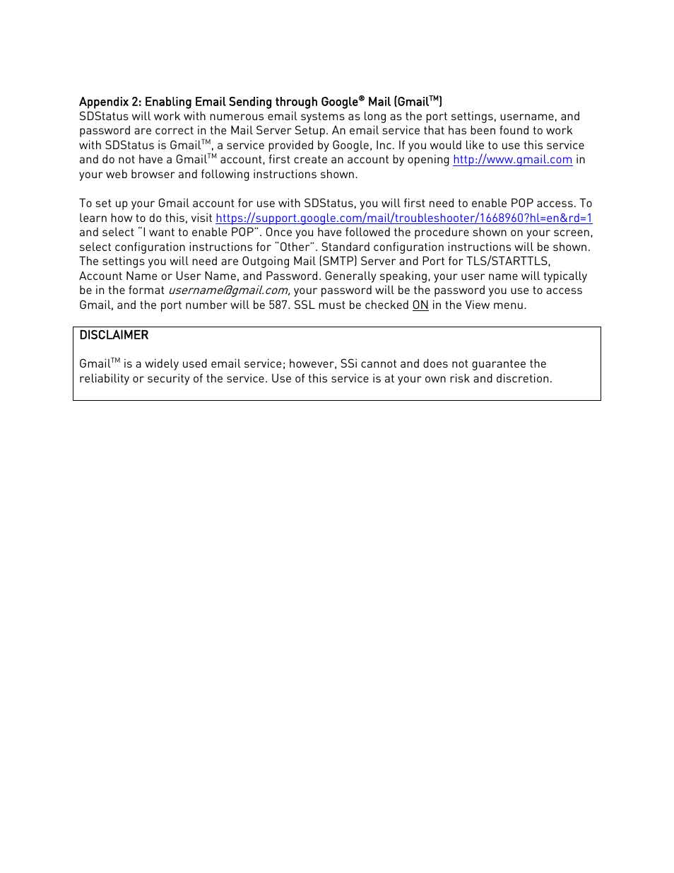 Appendix 2: enabling email sending through google, Mail (gmail | Super Systems SDStatus User Manual | Page 82 / 83