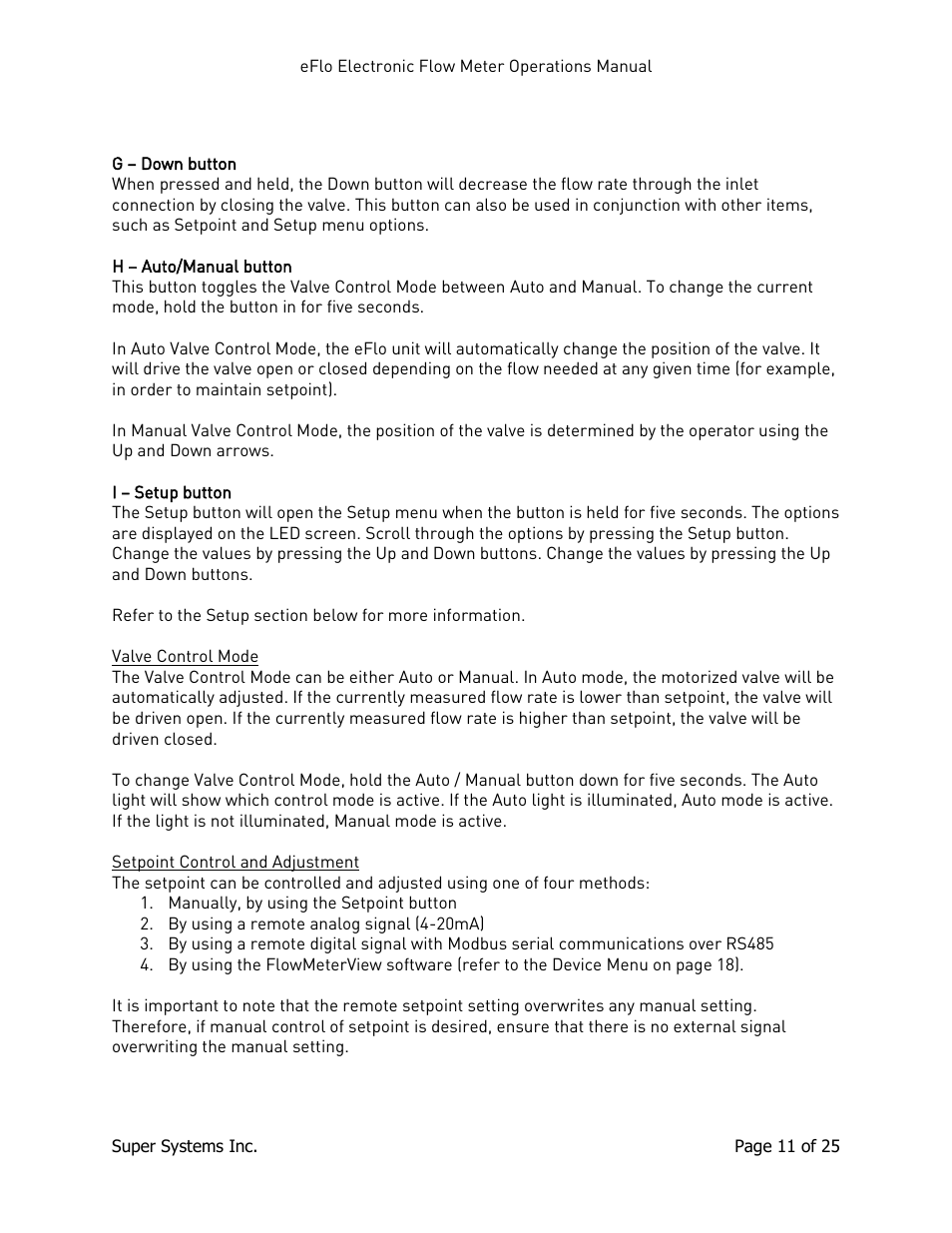 Valve control mode, Setpoint control and adjustment, Valve control mode setpoint control and adjustment | Super Systems eFLO User Manual | Page 11 / 25