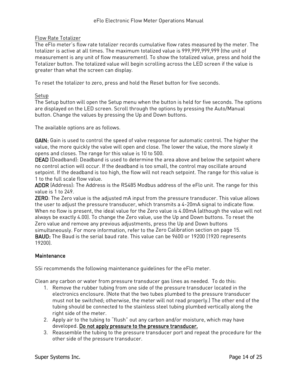 Flow rate totalizer, Setup, Maintenance | Flow rate totalizer setup, He setup, N below | Super Systems eFLO User Manual | Page 14 / 25