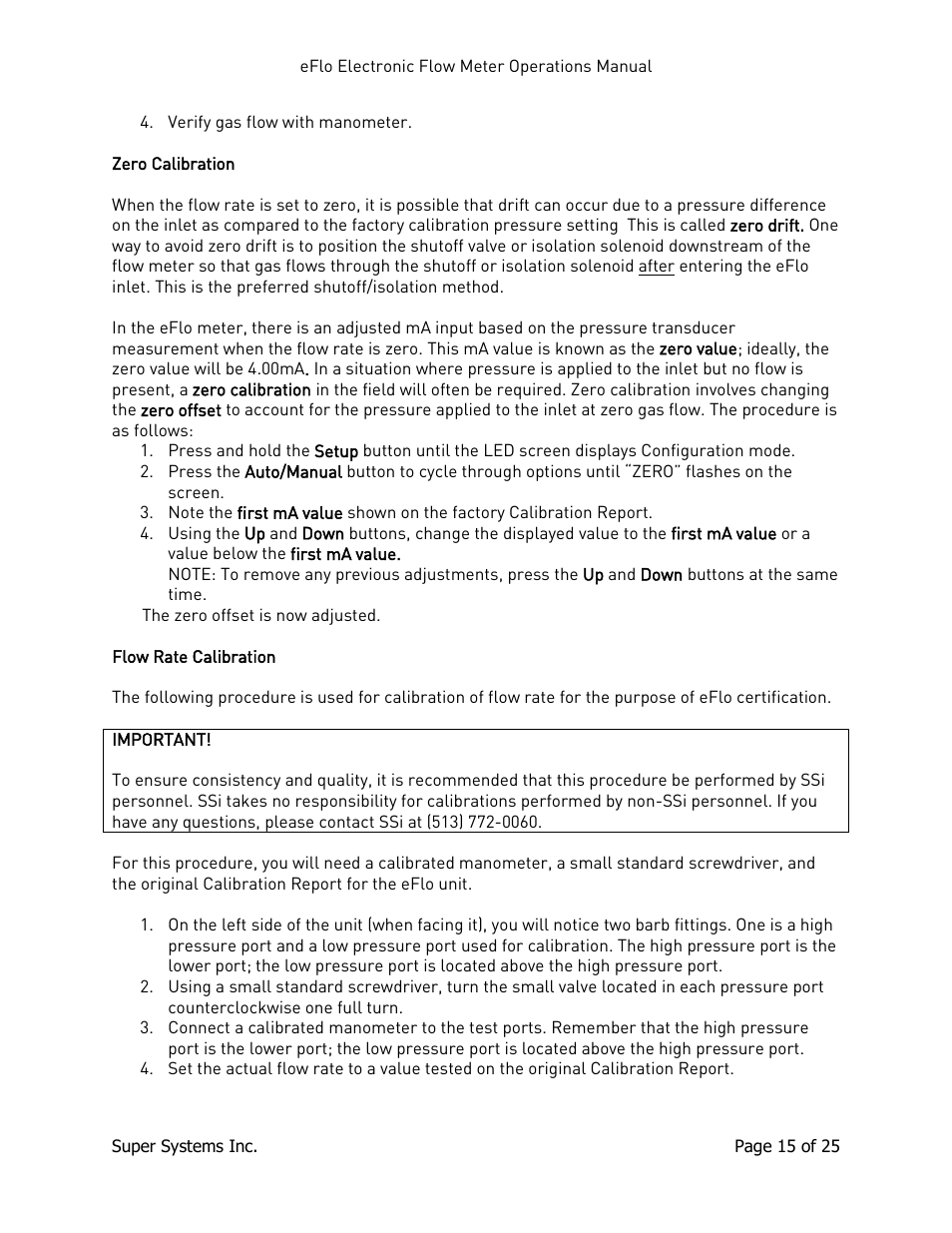 Zero calibration, Flow rate calibration, Zero calibration flow rate calibration | Super Systems eFLO User Manual | Page 15 / 25