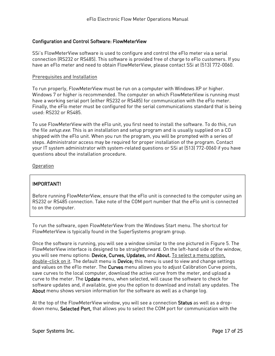 Configuration and control software: flowmeterview, Prerequisites and installation, Operation | Prerequisites and installation operation | Super Systems eFLO User Manual | Page 17 / 25