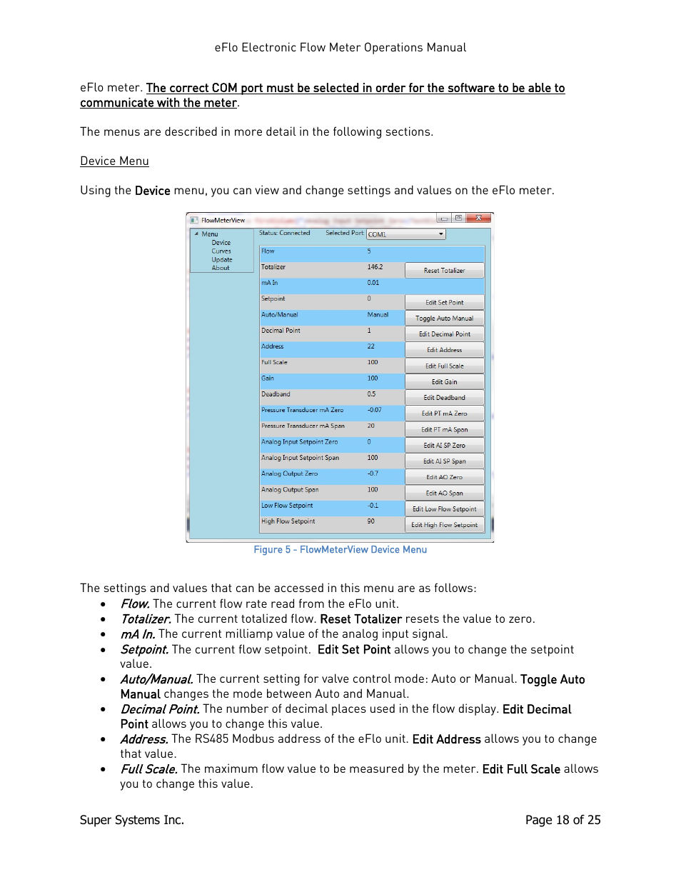 Device menu, E device menu, E 18) | Super Systems eFLO User Manual | Page 18 / 25