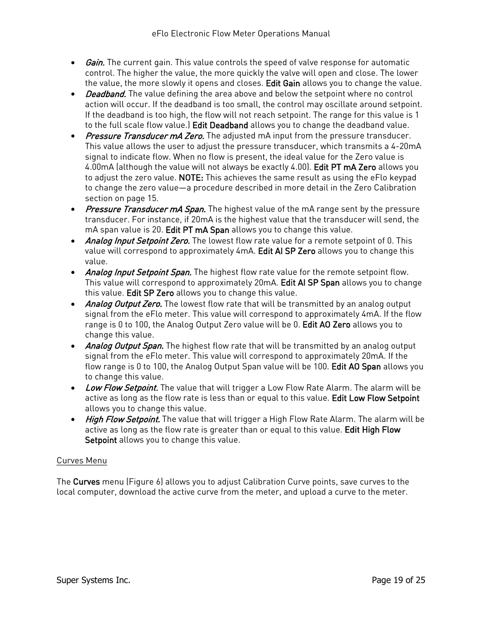 Curves menu | Super Systems eFLO User Manual | Page 19 / 25