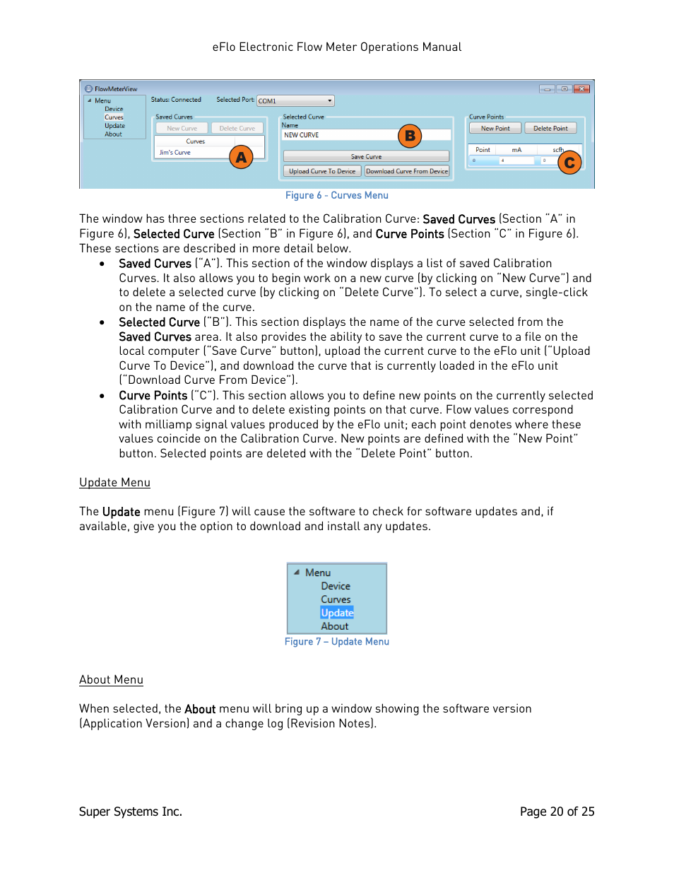 Update menu, About menu, Update menu about menu | Super Systems eFLO User Manual | Page 20 / 25
