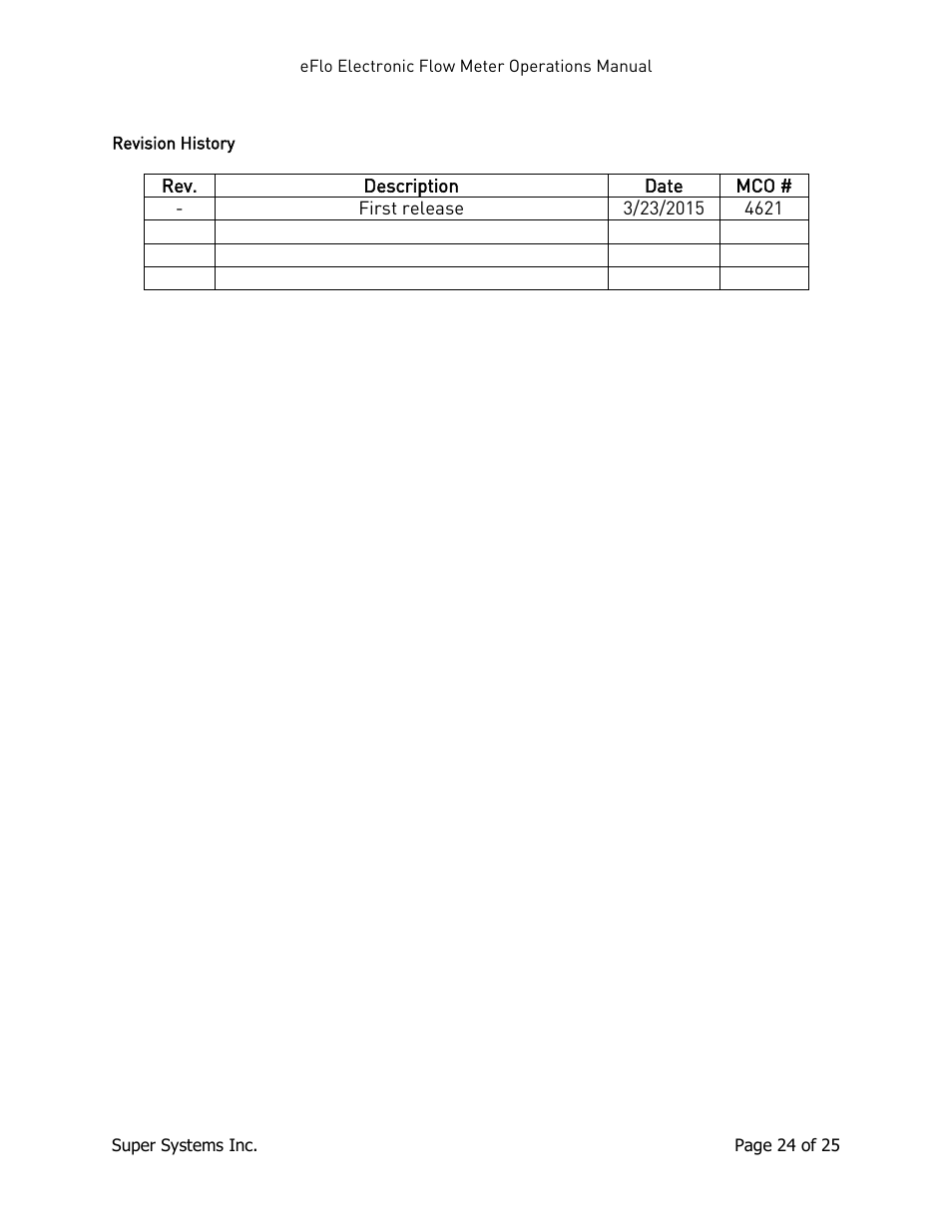 Revision history | Super Systems eFLO User Manual | Page 24 / 25