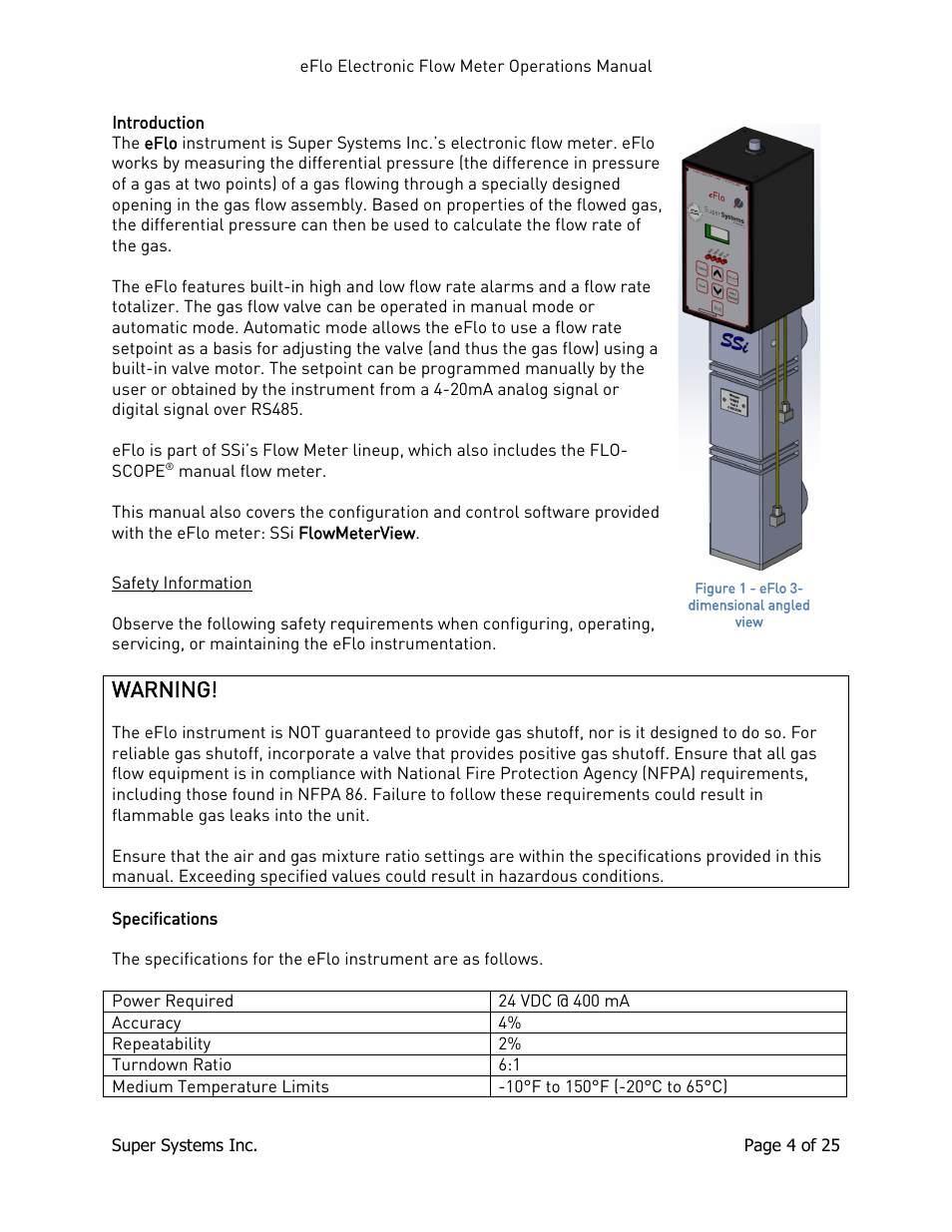 Introduction, Safety information, Specifications | Warning | Super Systems eFLO User Manual | Page 4 / 25