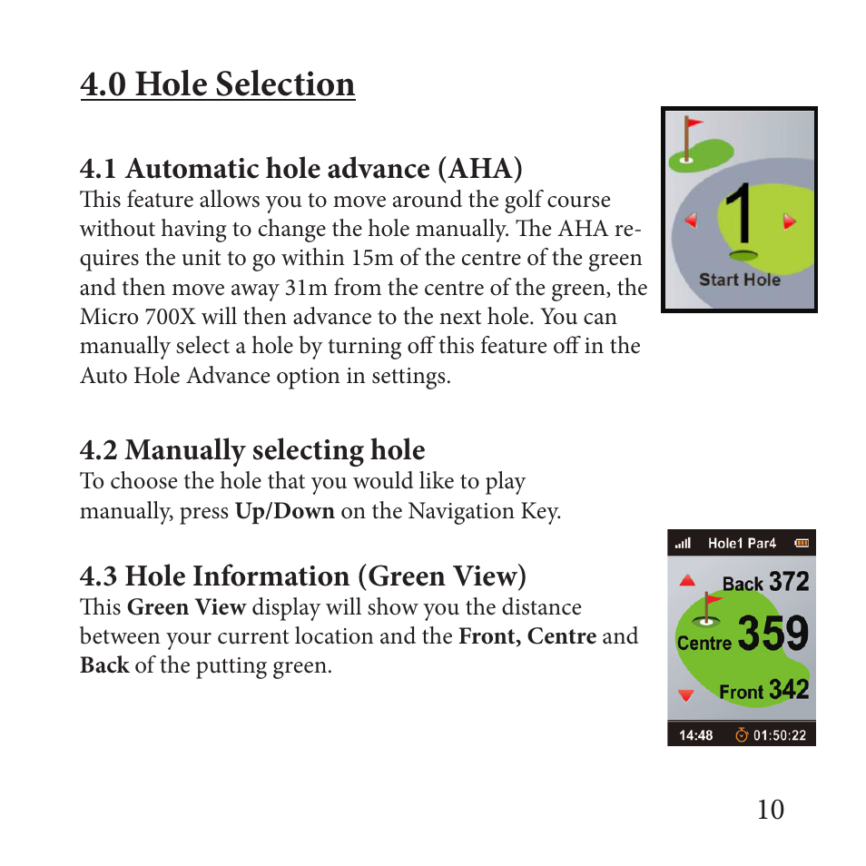 0 hole selection, 2 manually selecting hole, 3 hole information (green view) | 1 automatic hole advance (aha) | Sureshotgps MICRO 700X User Manual | Page 10 / 32