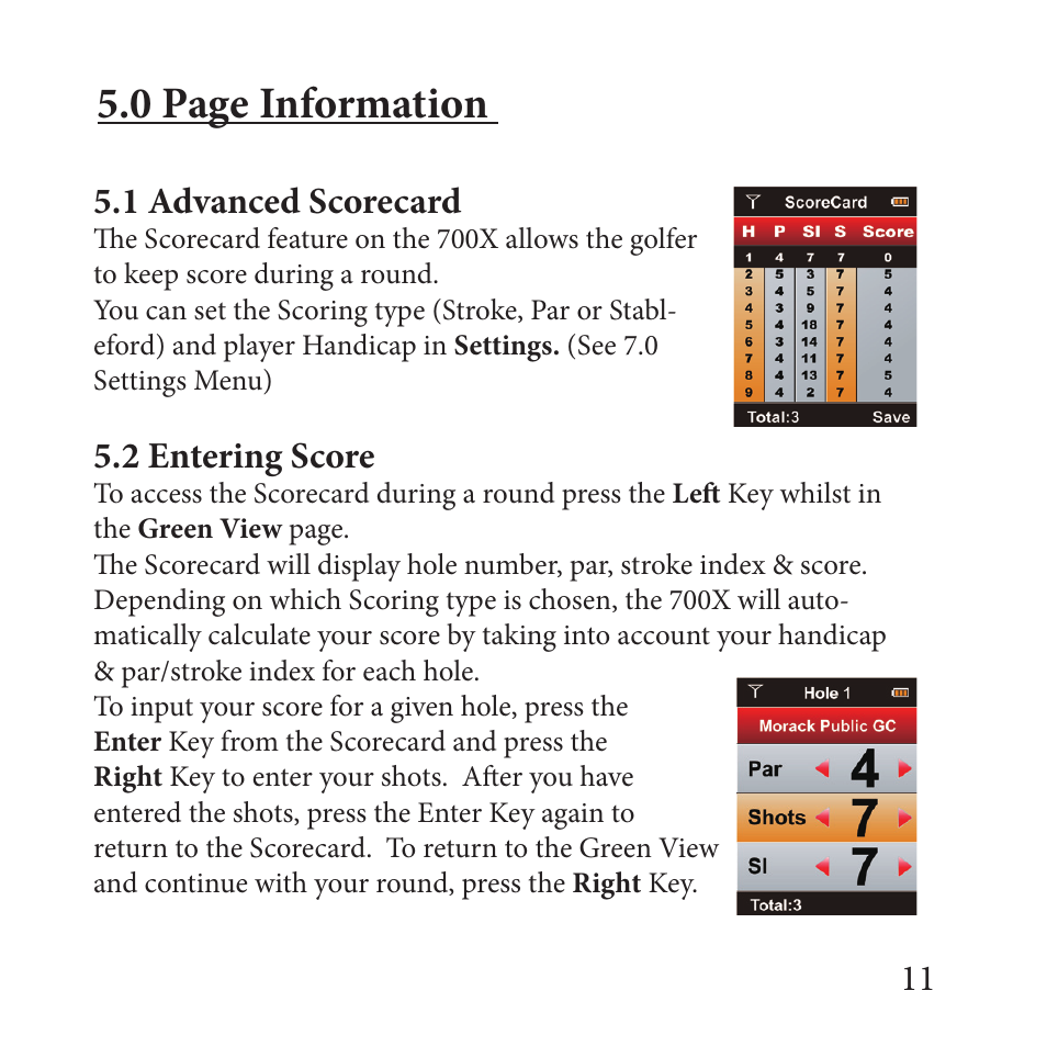 0 page information, 1 advanced scorecard, 2 entering score | Sureshotgps MICRO 700X User Manual | Page 11 / 32