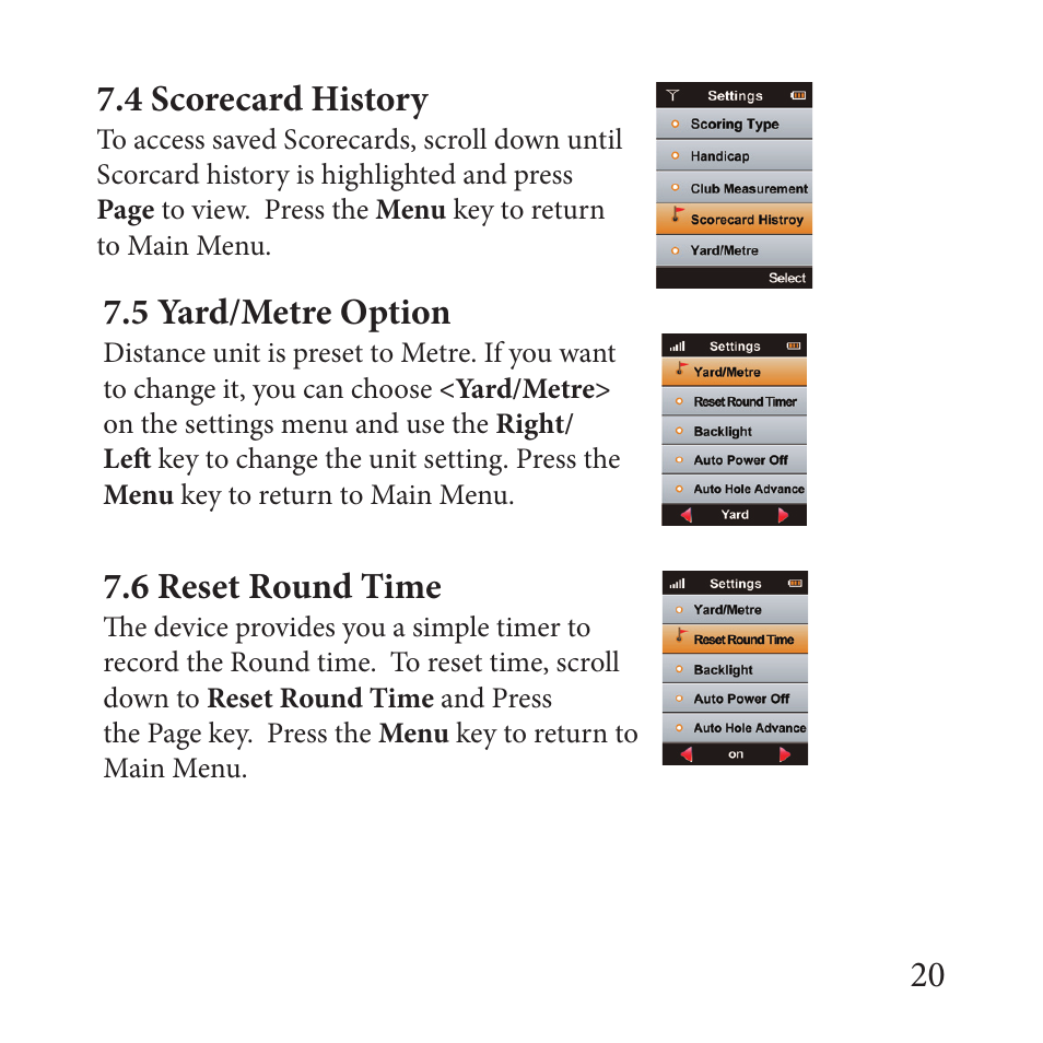 20 7.5 yard/metre option, 6 reset round time, 4 scorecard history | Sureshotgps MICRO 700X User Manual | Page 20 / 32